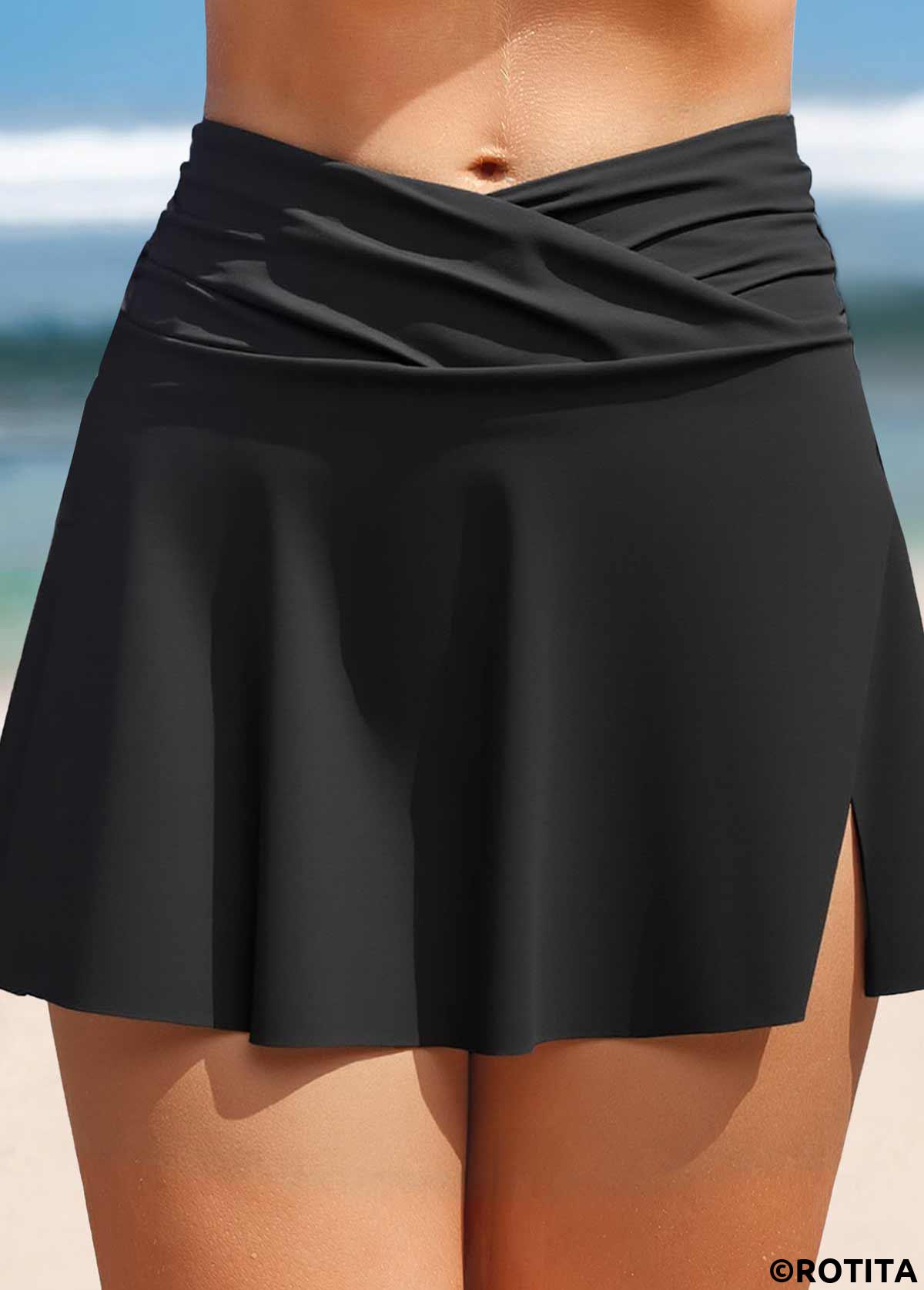 Black swimwear,Plain Color swimwear,ROTITA Black Side Slit High Waisted Swim Skirt