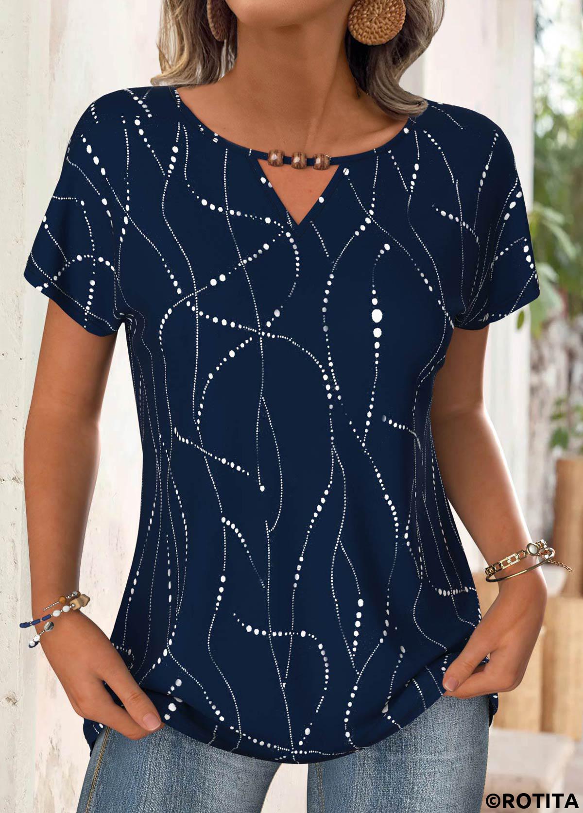 Navy tops,Geometric tops,ROTITA Geometric Print Navy Round Neck Short Sleeve T Shirt