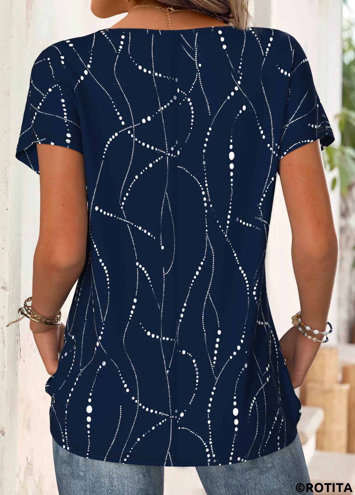 Navy tops,Geometric tops,ROTITA Geometric Print Navy Round Neck Short Sleeve T Shirt