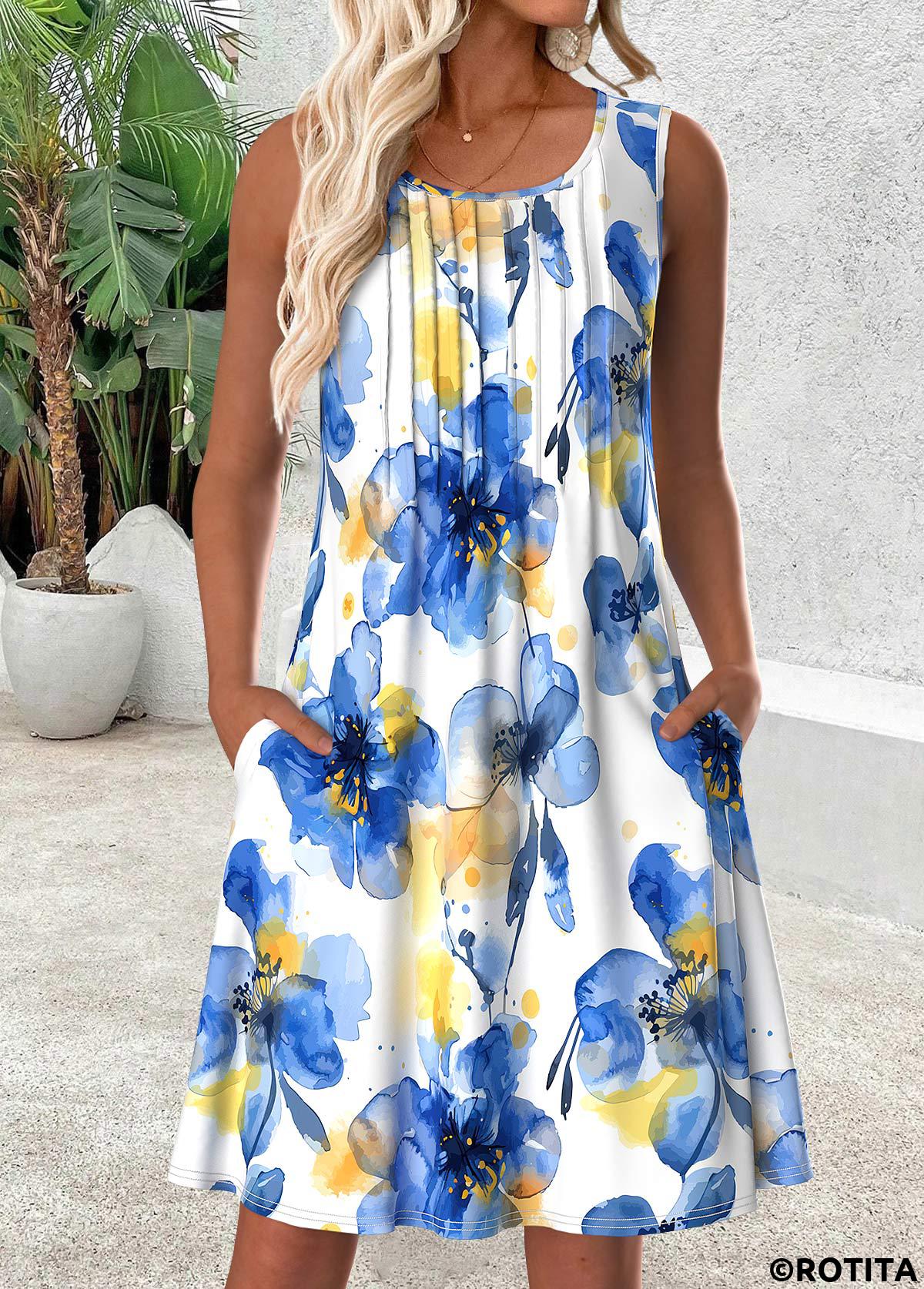 Multi Color dresses,Floral dresses,Plants dresses,Vacation dresses,Vacation dresses,ROTITA Floral Print Multi Color Scoop Neck Sleeveless Dress