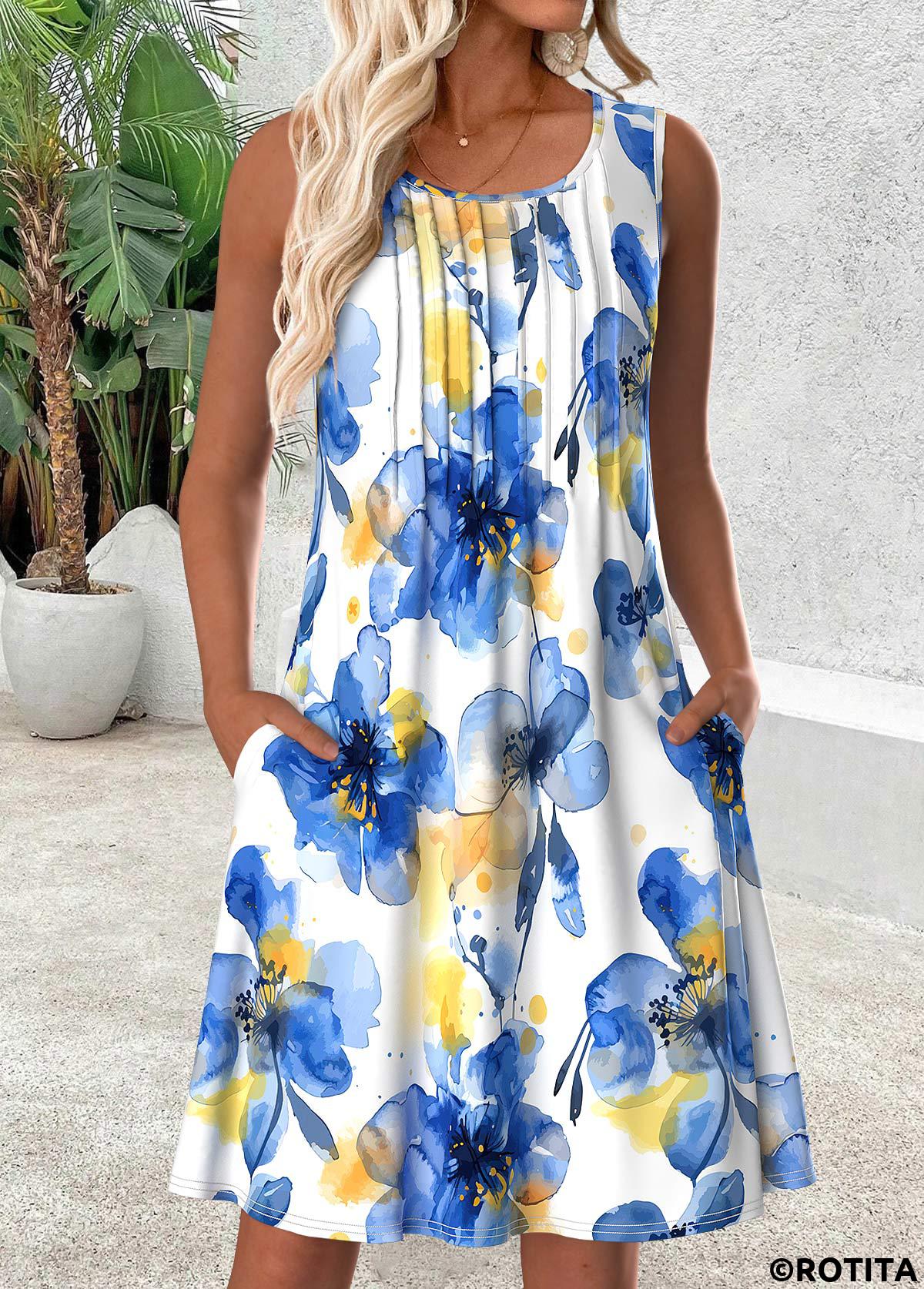 Multi Color dresses,Floral dresses,Plants dresses,Vacation dresses,Vacation dresses,ROTITA Floral Print Multi Color Scoop Neck Sleeveless Dress