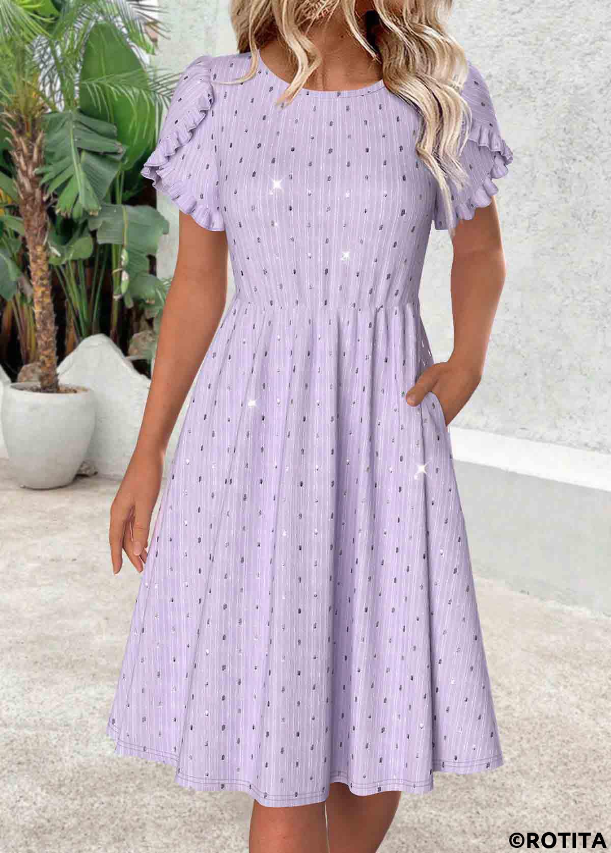 Light Purple dresses,Plain Color dresses,Everyday dresses,Casual dresses,ROTITA Light Purple Round Neck Short Sleeve Dress