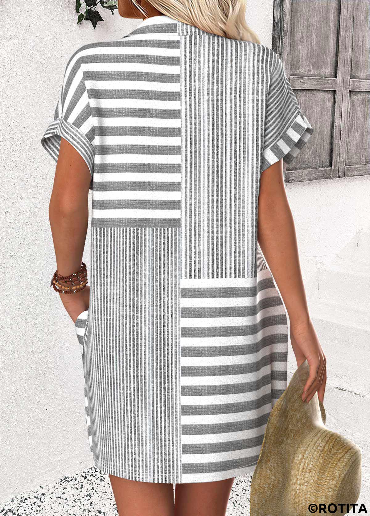 Light Grey dresses,Striped dresses,Geometric dresses,Everyday dresses,Casual dresses,ROTITA Striped Light Grey Short Shirt Collar Dress