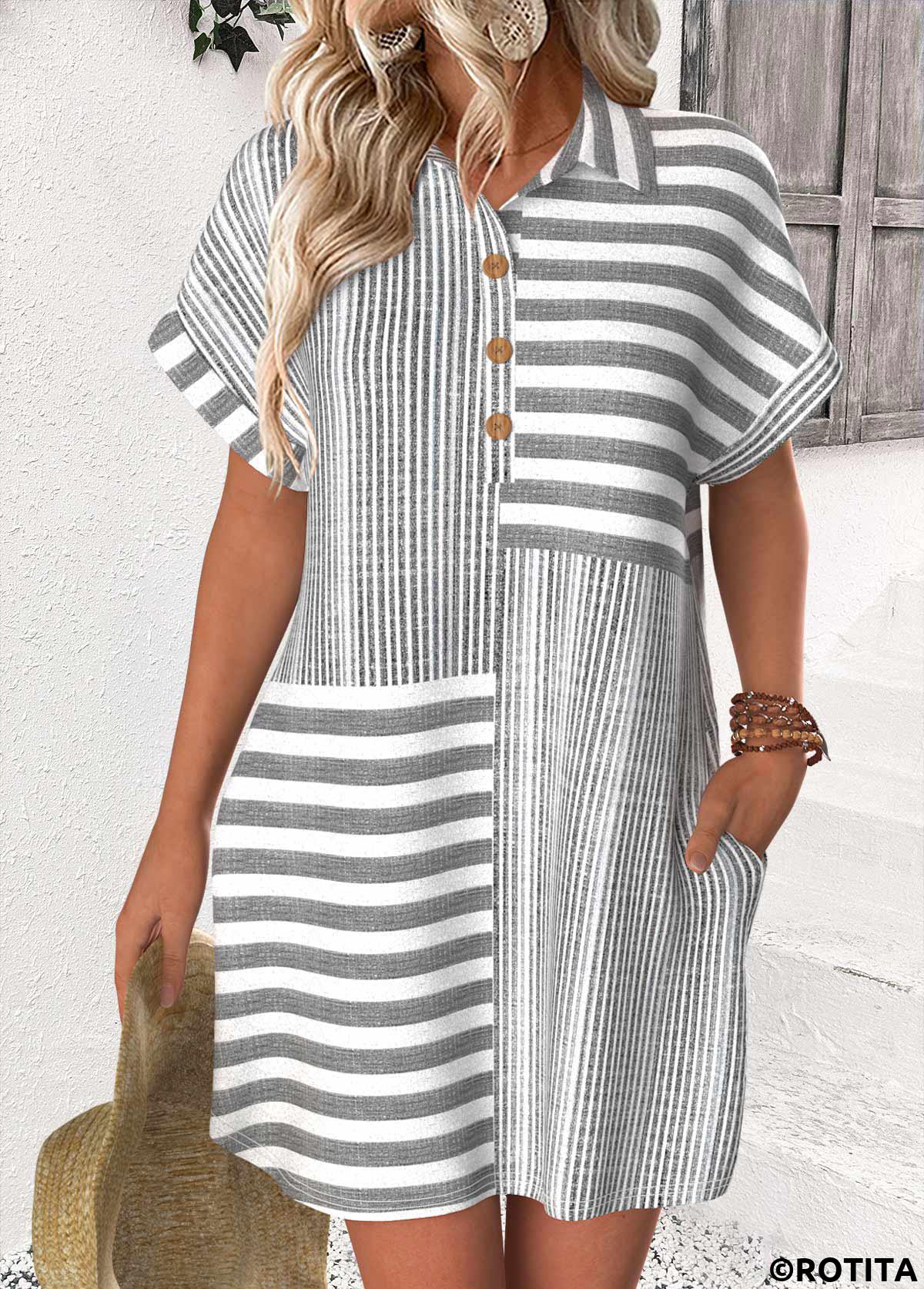 Light Grey dresses,Striped dresses,Geometric dresses,Everyday dresses,Casual dresses,ROTITA Striped Light Grey Short Shirt Collar Dress