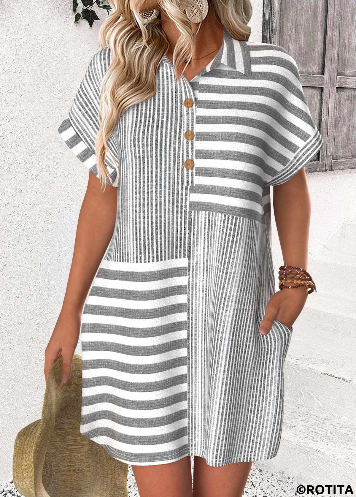 Light Grey dresses,Striped dresses,Geometric dresses,Everyday dresses,Casual dresses,ROTITA Striped Light Grey Short Shirt Collar Dress