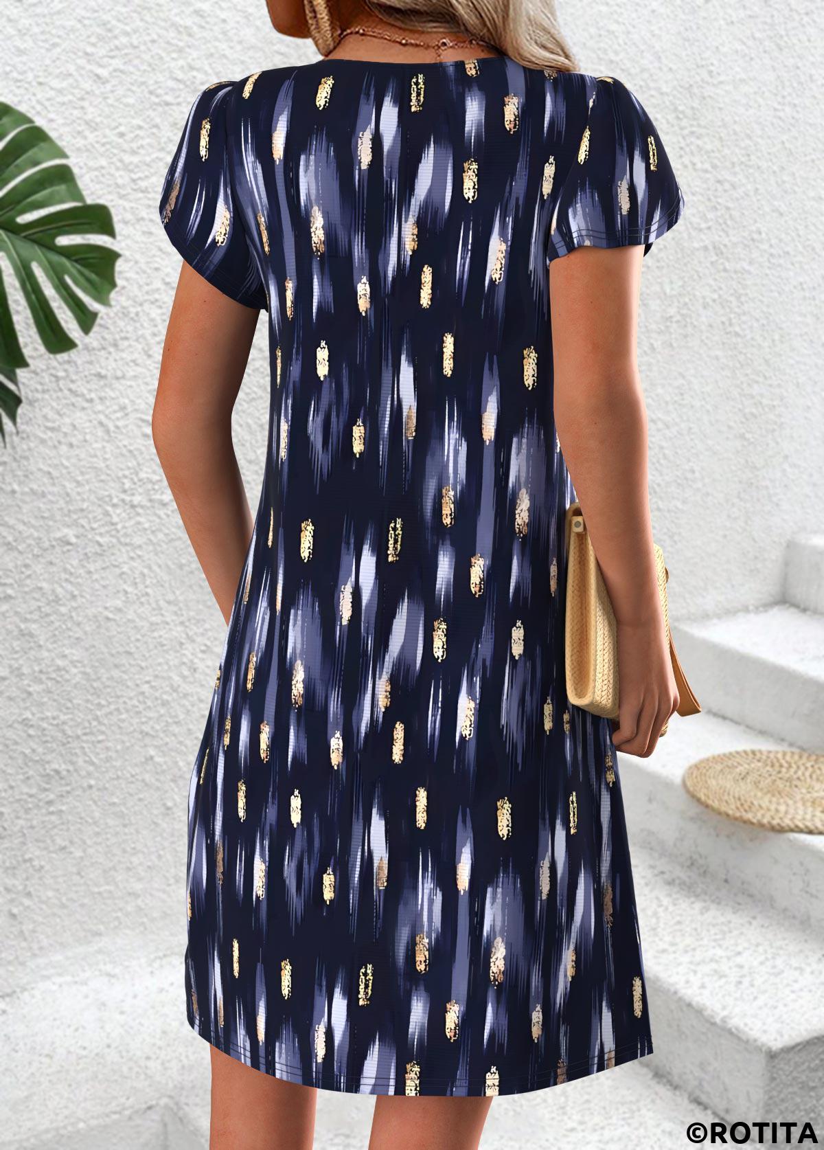 Navy dresses,Geometric dresses,Everyday dresses,Casual dresses,ROTITA Geometric Print Navy Short Split Neck Dress
