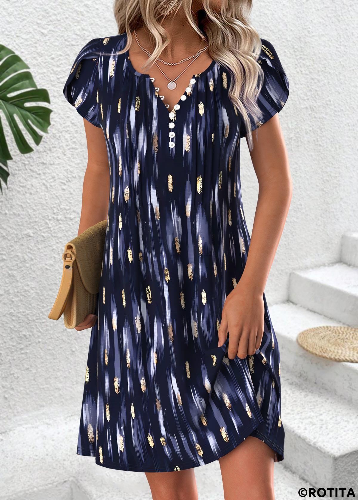 Navy dresses,Geometric dresses,Everyday dresses,Casual dresses,ROTITA Geometric Print Navy Short Split Neck Dress