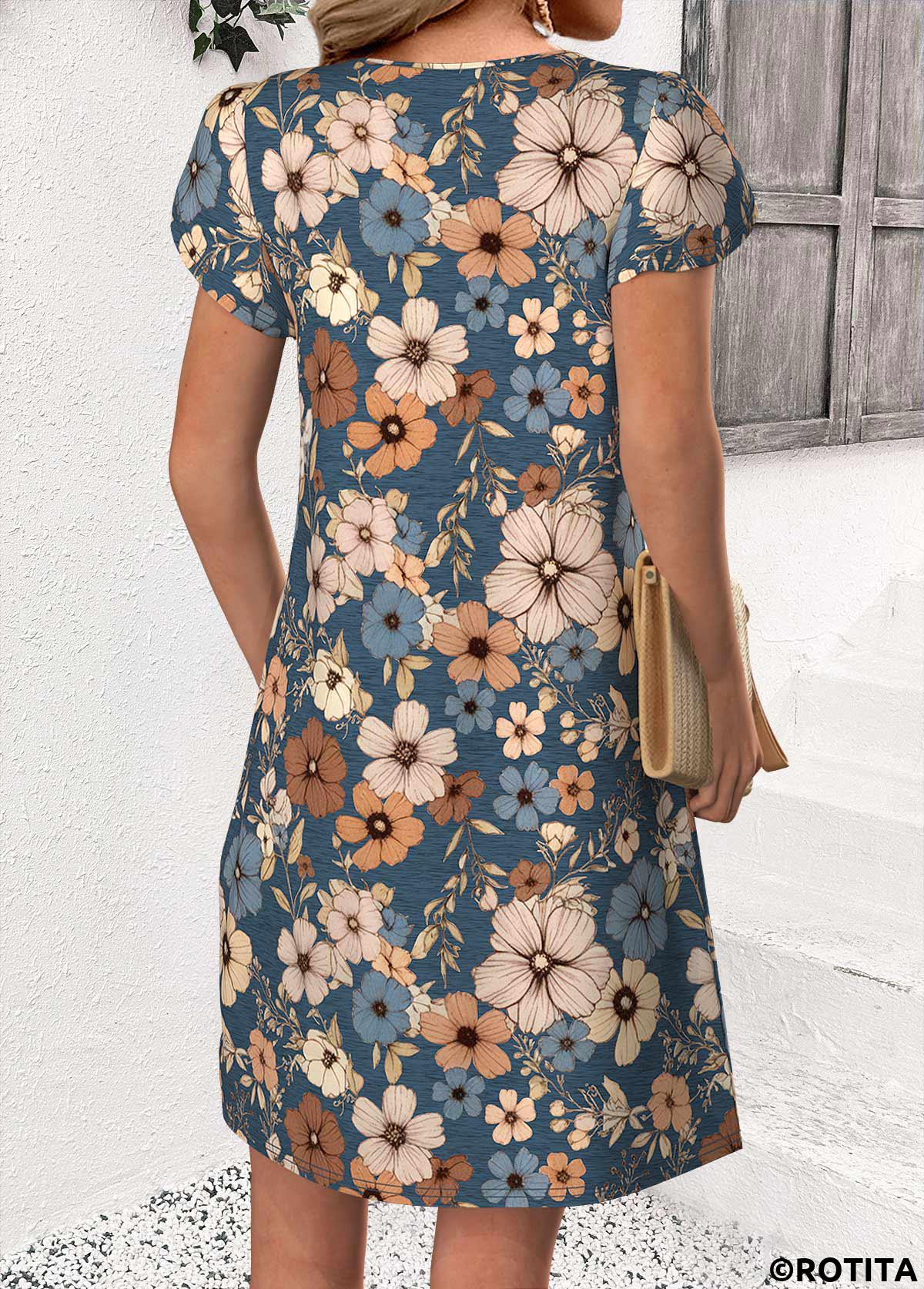 Multi Color dresses,Floral dresses,Plants dresses,Everyday dresses,Casual dresses,ROTITA Floral Print Multi Color Short Split Neck Dress
