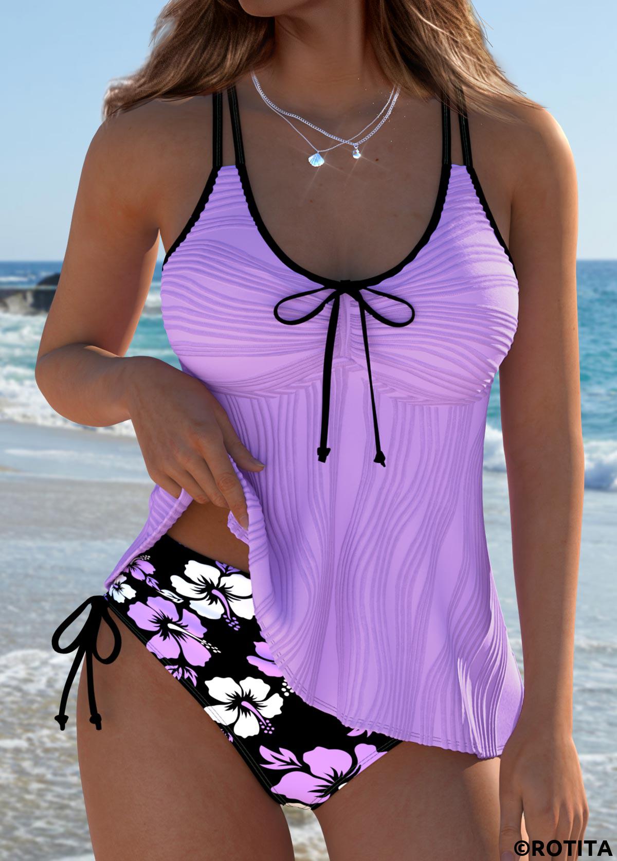 Purple swimwear,Floral swimwear,Plants swimwear,ROTITA Purple Floral Print Mid Waisted Tankini Set