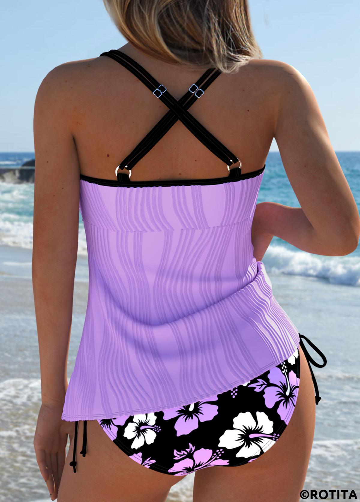 Purple swimwear,Floral swimwear,Plants swimwear,ROTITA Purple Floral Print Mid Waisted Tankini Set
