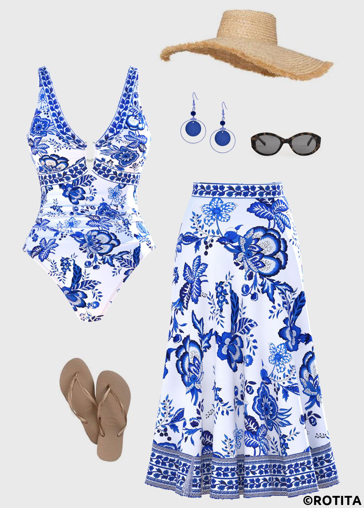 White swimwear,Blue swimwear,Plants swimwear,Floral swimwear,ROTITA Random Floral Two-Piece One Piece Swimwear and Skirt