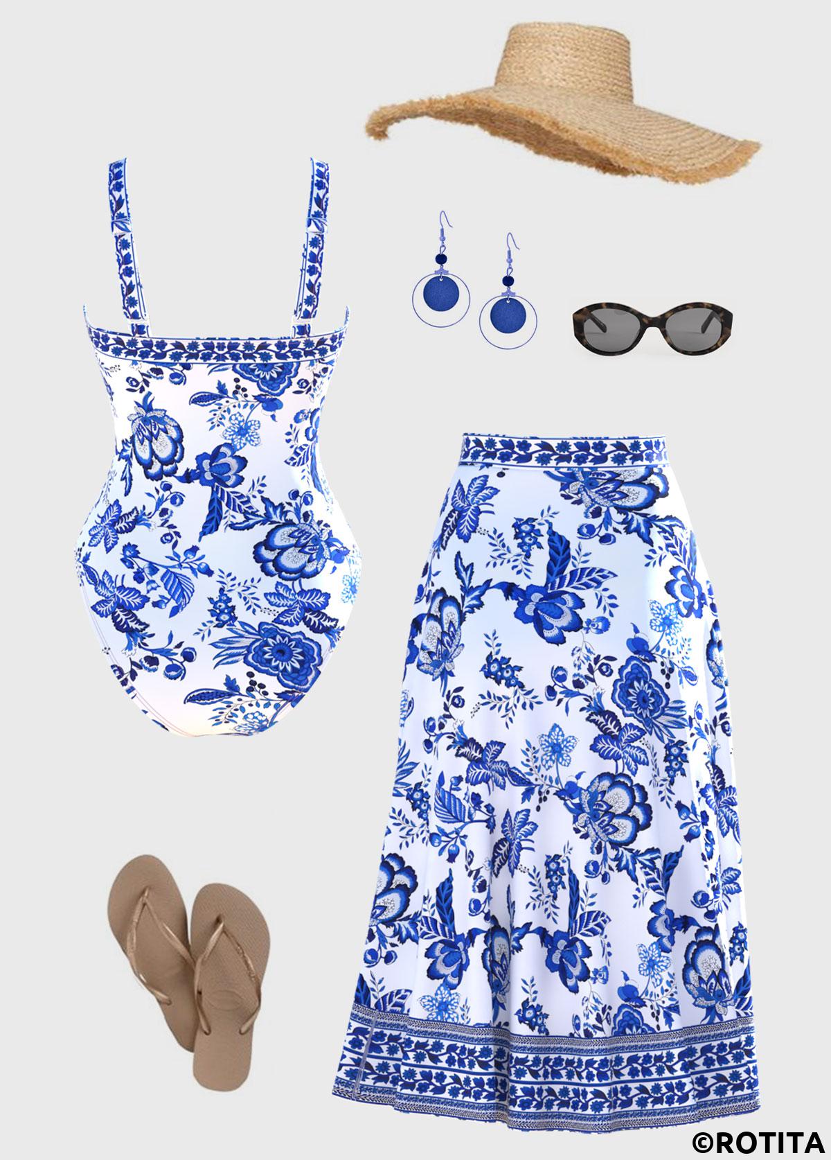 White swimwear,Blue swimwear,Plants swimwear,Floral swimwear,ROTITA Random Floral Two-Piece One Piece Swimwear and Skirt