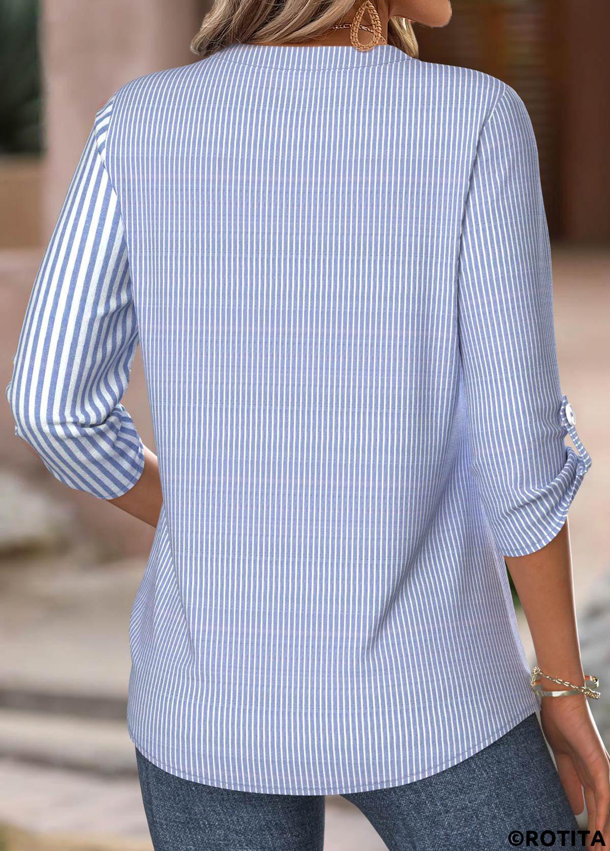 Blue tops,Striped tops,Geometric tops,ROTITA Striped Blue Split Neck 3/4 Sleeve Shirt