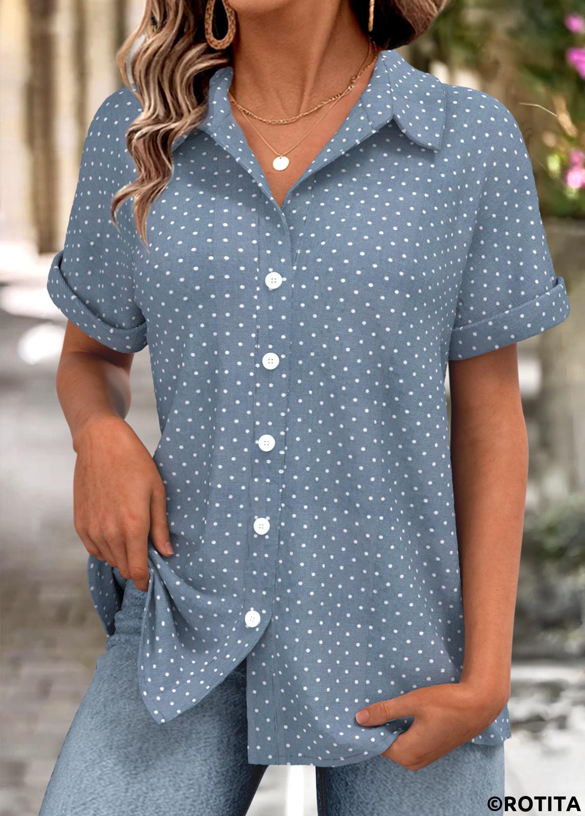 Dusty Blue tops,Dot tops,ROTITA Polka Dot Dusty Blue Short Sleeve Shirt