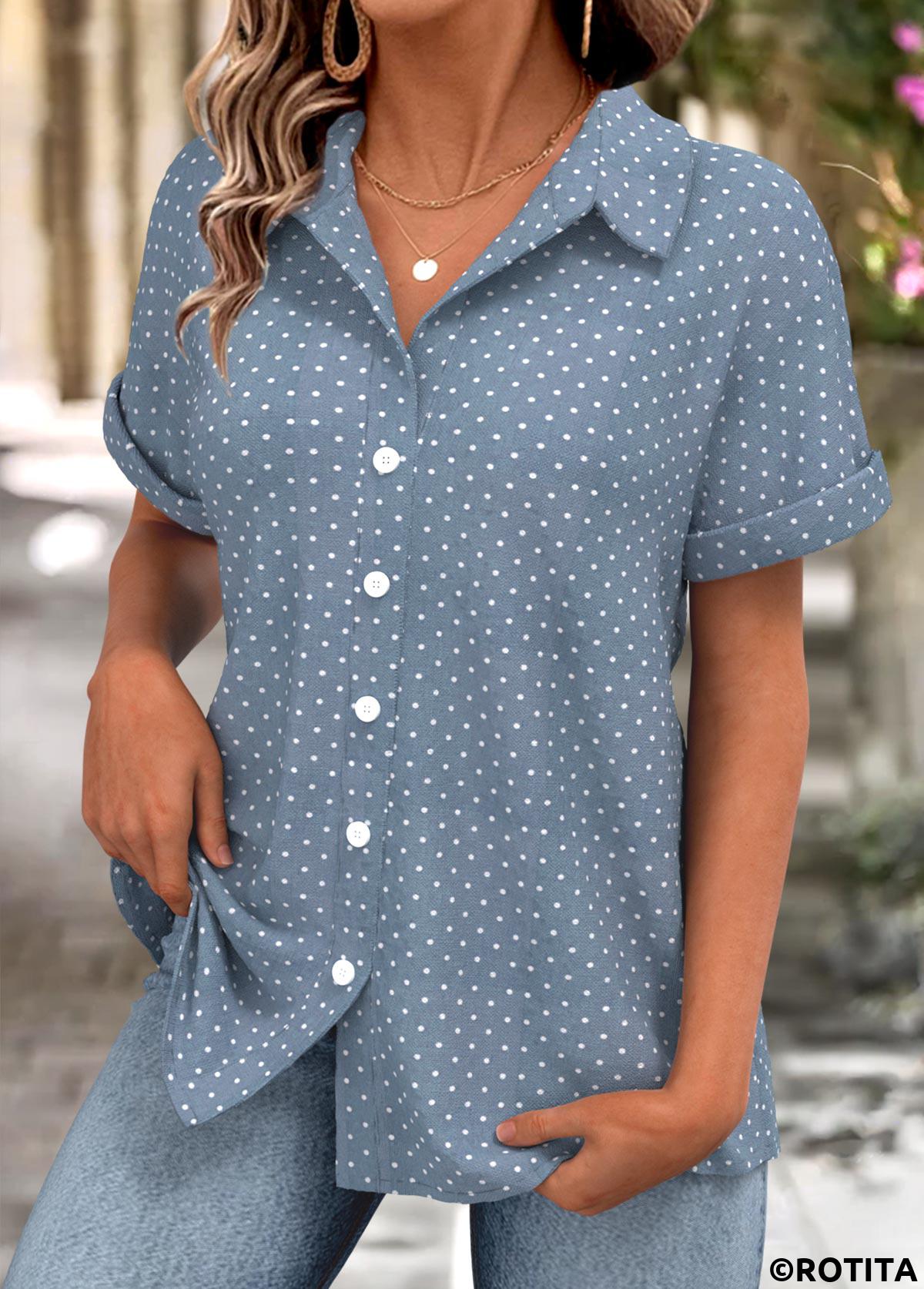 Dusty Blue tops,Dot tops,ROTITA Polka Dot Dusty Blue Short Sleeve Shirt