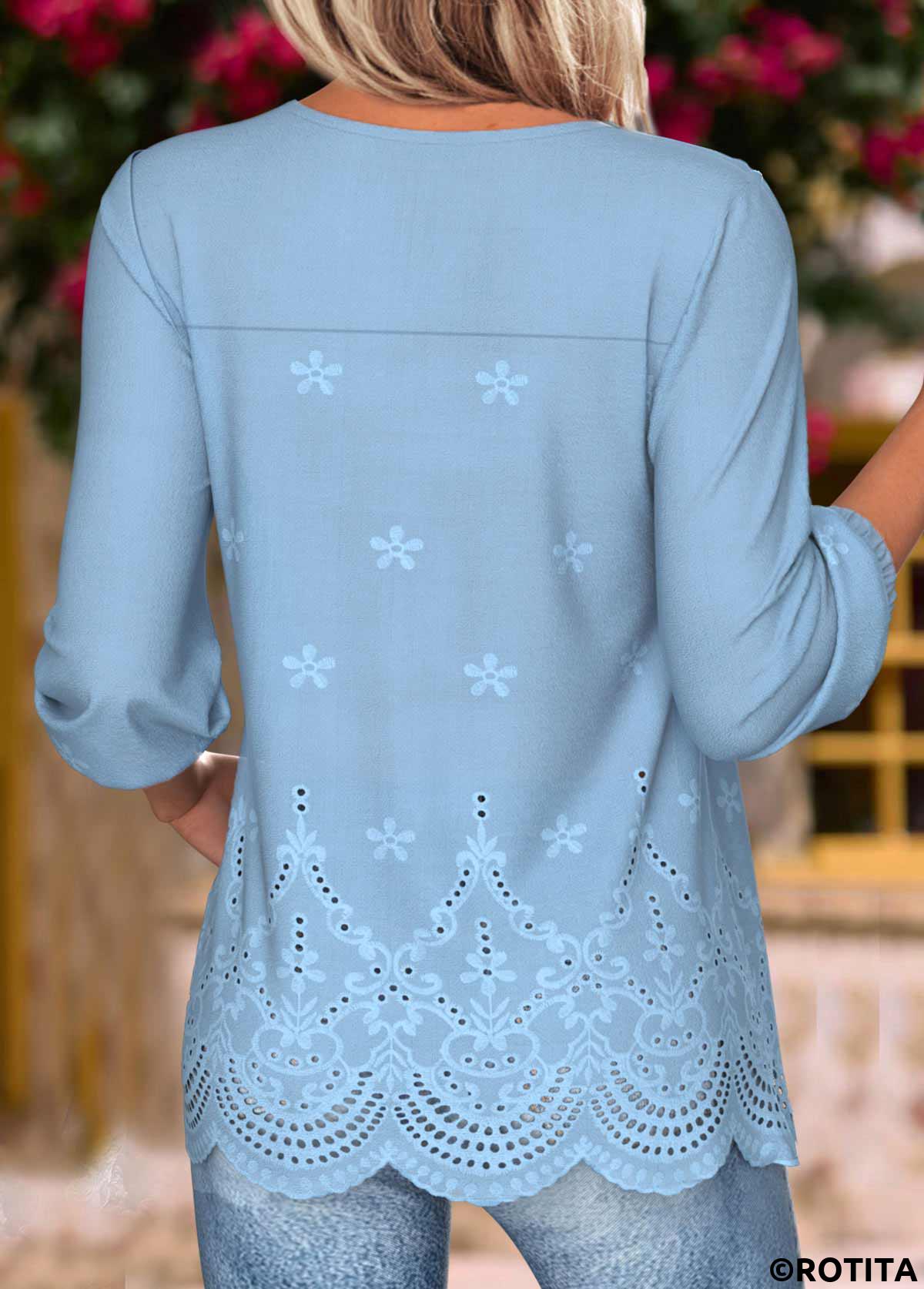 Dusty Blue tops,Plain Color tops,ROTITA Dusty Blue Split Neck Long Sleeve Blouse