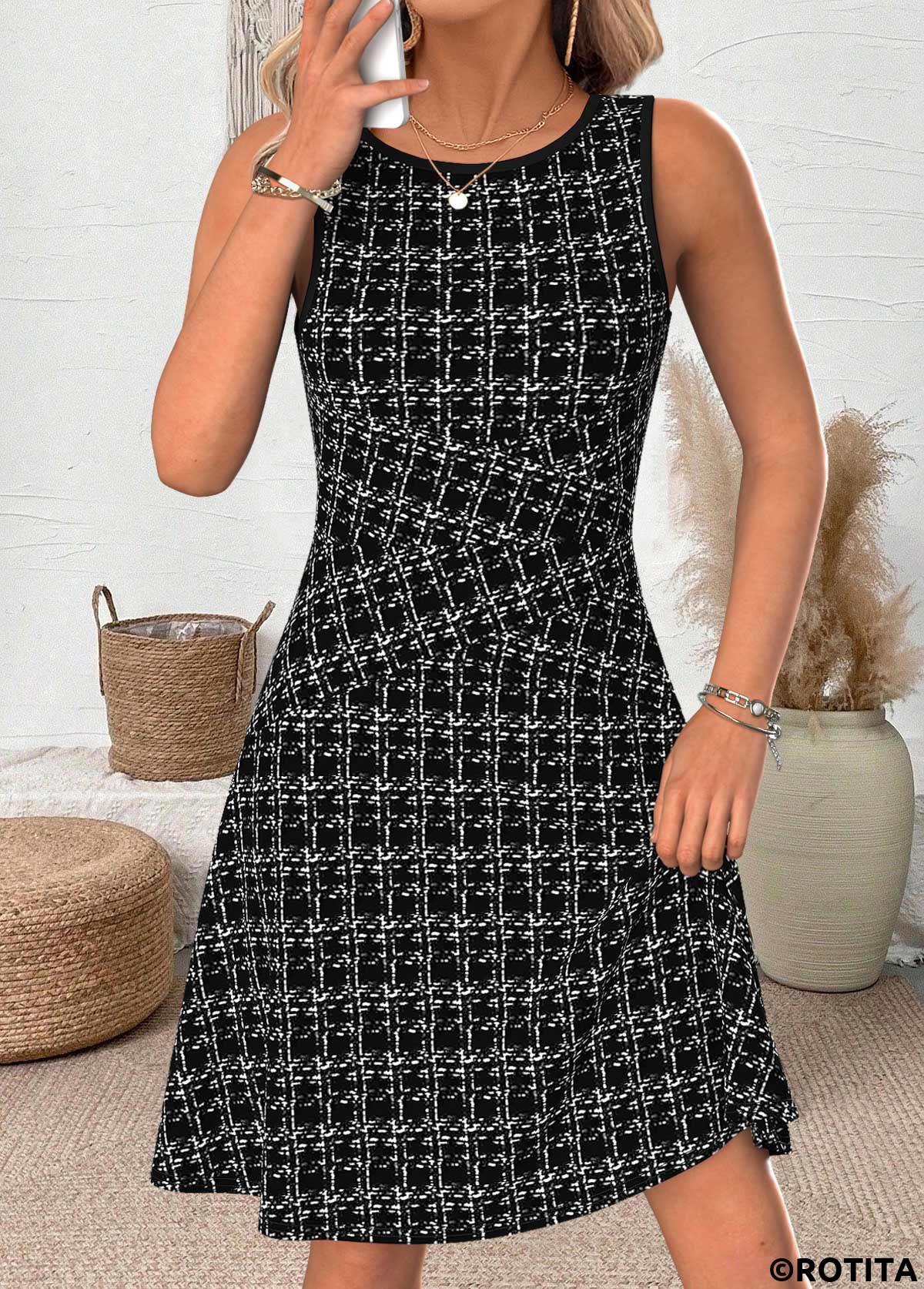 Black dresses,Plaid dresses,Geometric dresses,Everyday dresses,Casual dresses,ROTITA Plaid Black Round Neck Sleeveless Dress