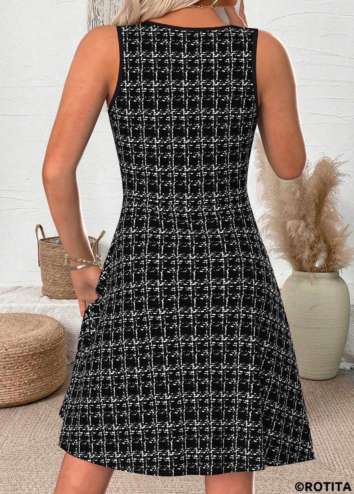 Black dresses,Plaid dresses,Geometric dresses,Everyday dresses,Casual dresses,ROTITA Plaid Black Round Neck Sleeveless Dress