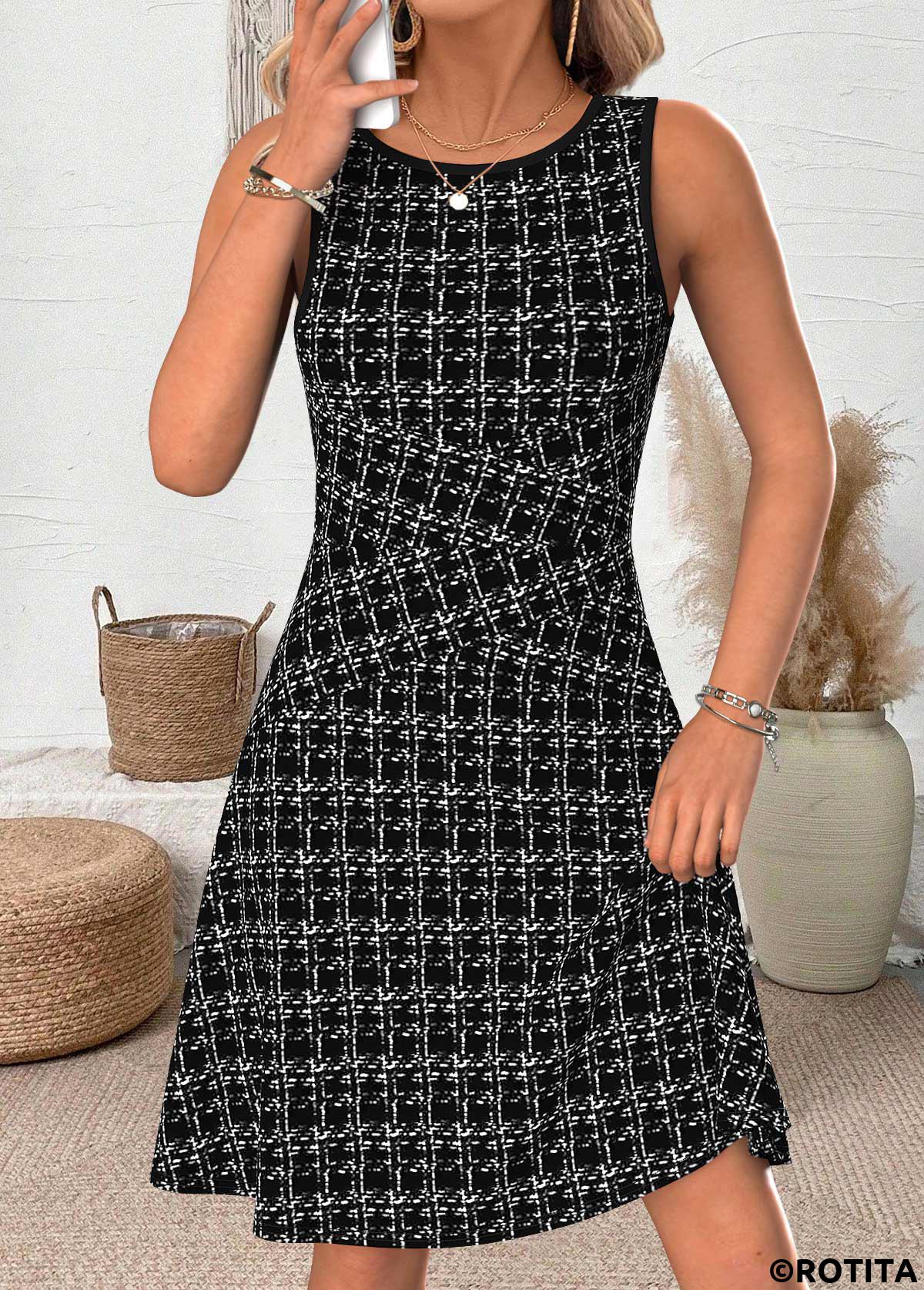 Black dresses,Plaid dresses,Geometric dresses,Everyday dresses,Casual dresses,ROTITA Plaid Black Round Neck Sleeveless Dress