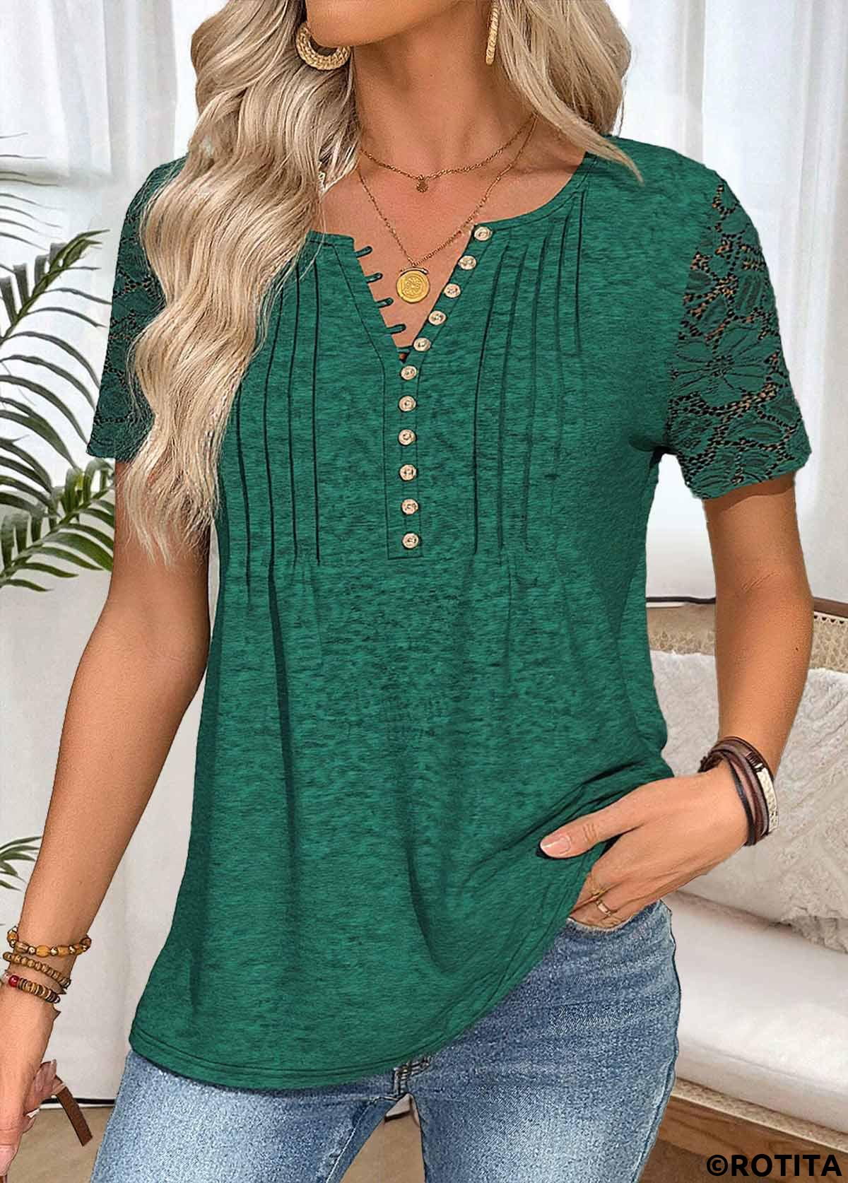 Blackish Green tops,Plain Color tops,ROTITA Blackish Green Split Neck Short Sleeve T Shirt