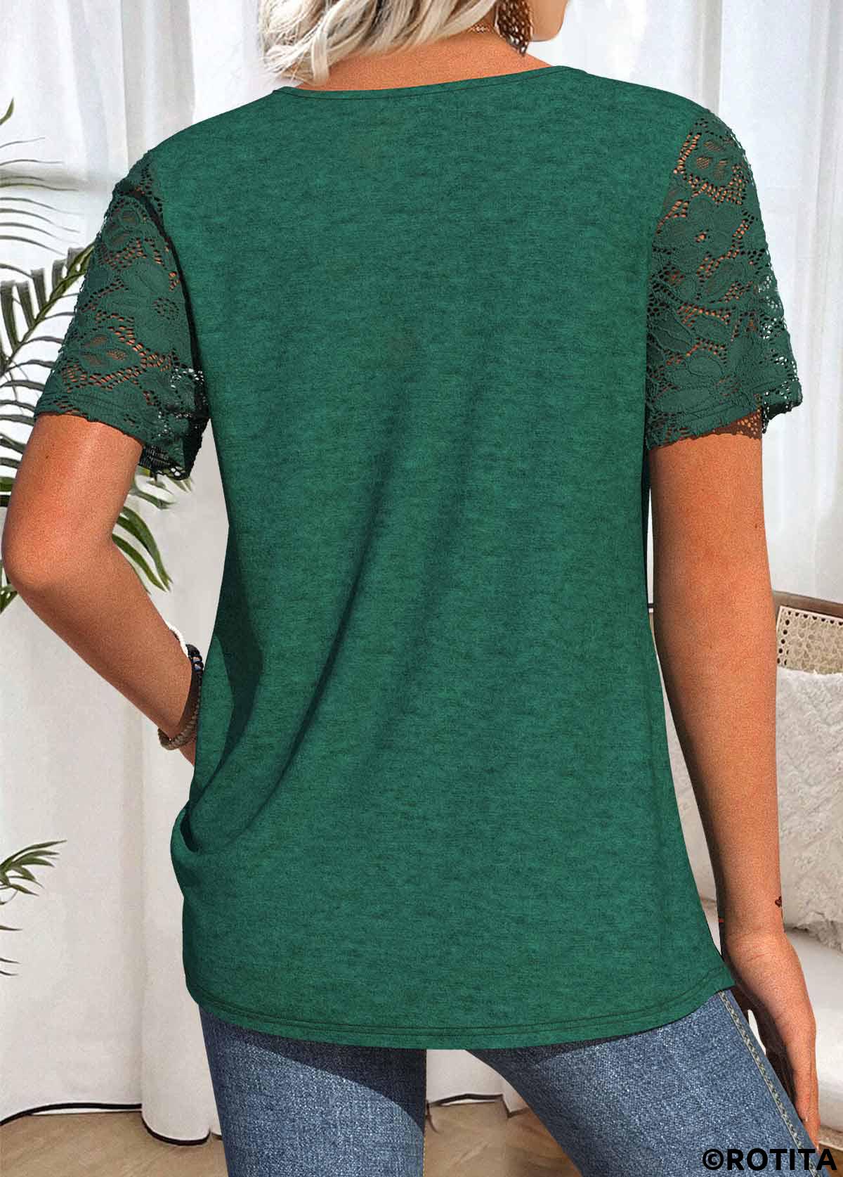 Blackish Green tops,Plain Color tops,ROTITA Blackish Green Split Neck Short Sleeve T Shirt