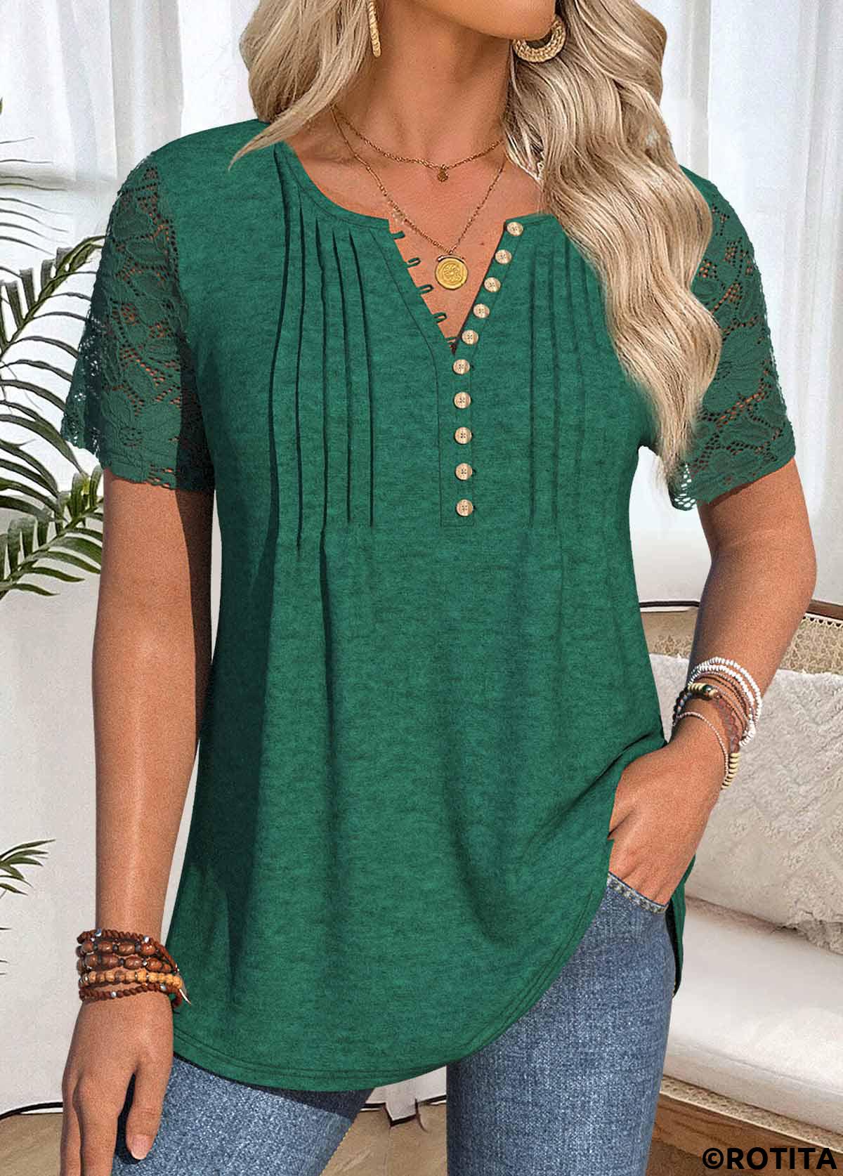 Blackish Green tops,Plain Color tops,ROTITA Blackish Green Split Neck Short Sleeve T Shirt