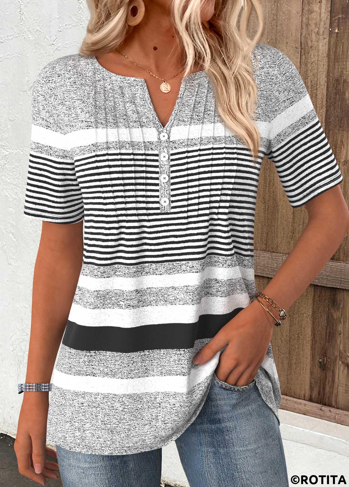 Light Grey Marl tops,Striped tops,Geometric tops,ROTITA Striped Light Grey Marl Split Neck T Shirt