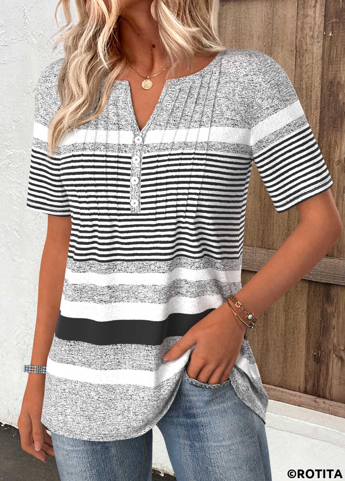 Light Grey Marl tops,Striped tops,Geometric tops,ROTITA Striped Light Grey Marl Split Neck T Shirt