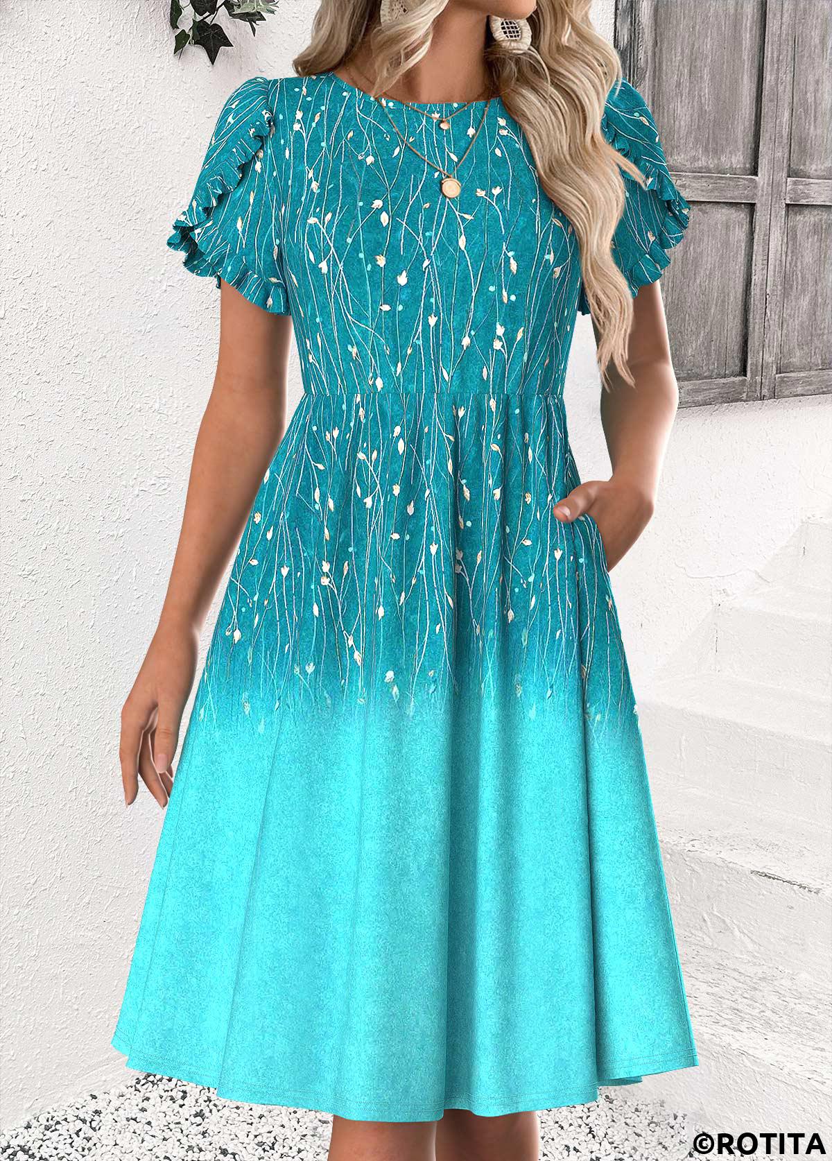 Cyan dresses,Ombre dresses,Everyday dresses,Casual dresses,ROTITA Ombre Cyan Round Neck Short Sleeve Dress