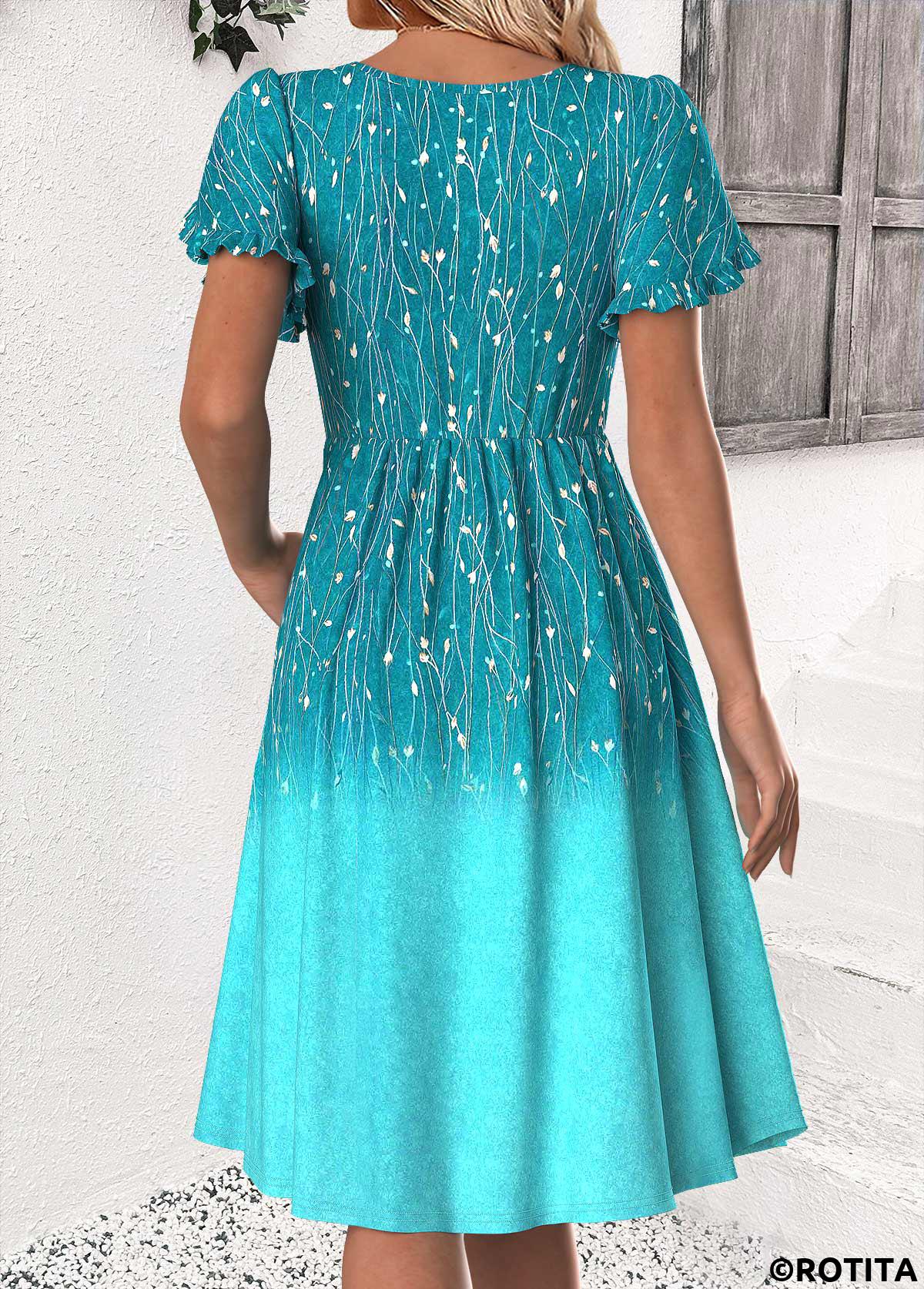 Cyan dresses,Ombre dresses,Everyday dresses,Casual dresses,ROTITA Ombre Cyan Round Neck Short Sleeve Dress