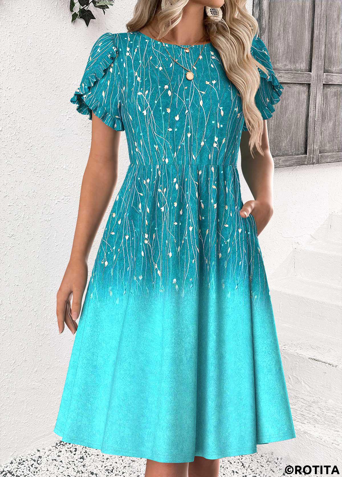 Cyan dresses,Ombre dresses,Everyday dresses,Casual dresses,ROTITA Ombre Cyan Round Neck Short Sleeve Dress