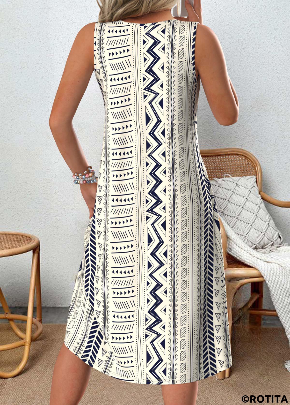 Multi Color dresses,Tribal dresses,Everyday dresses,Casual dresses,ROTITA Tribal Print Multi Color A Line V Neck Dress