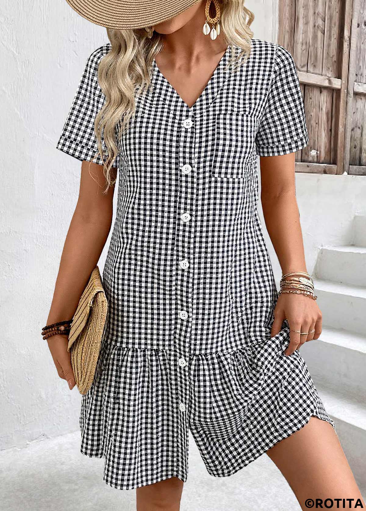 Black dresses,Plaid dresses,Geometric dresses,Everyday dresses,Casual dresses,ROTITA Plaid Black V Neck Short Sleeve Dress