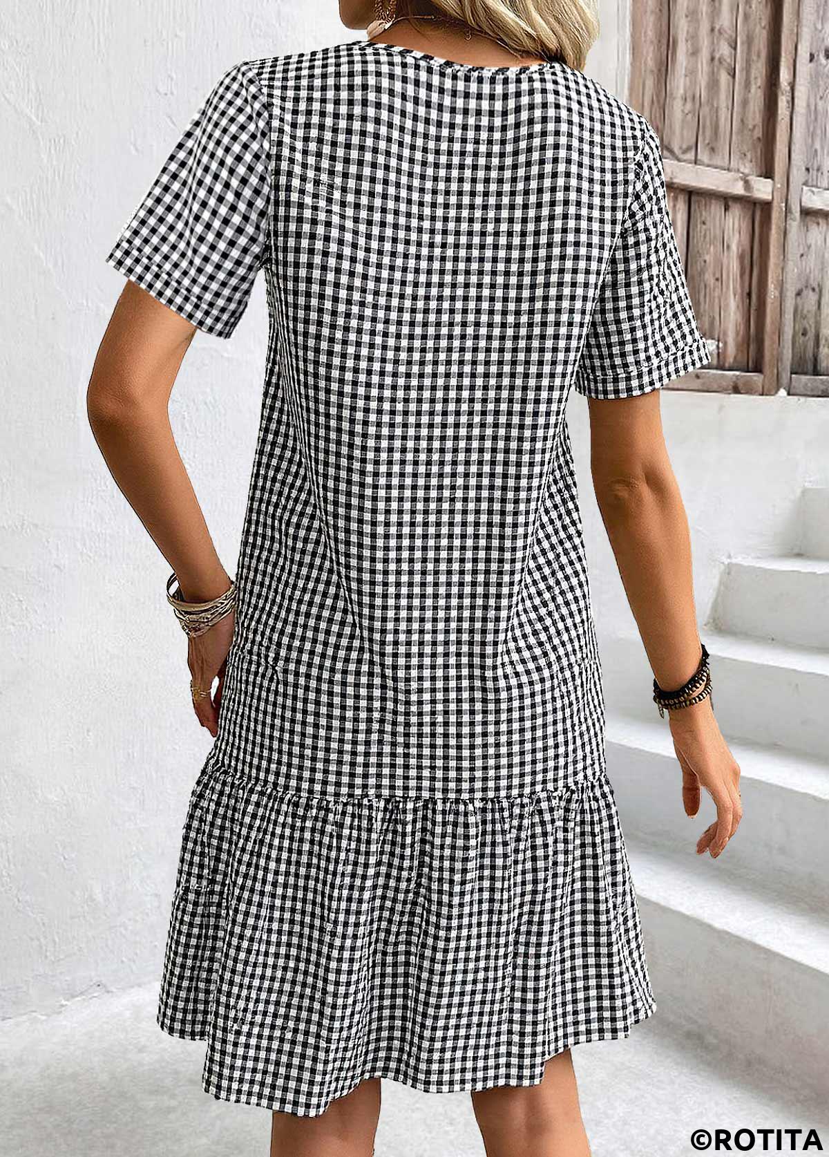 Black dresses,Plaid dresses,Geometric dresses,Everyday dresses,Casual dresses,ROTITA Plaid Black V Neck Short Sleeve Dress