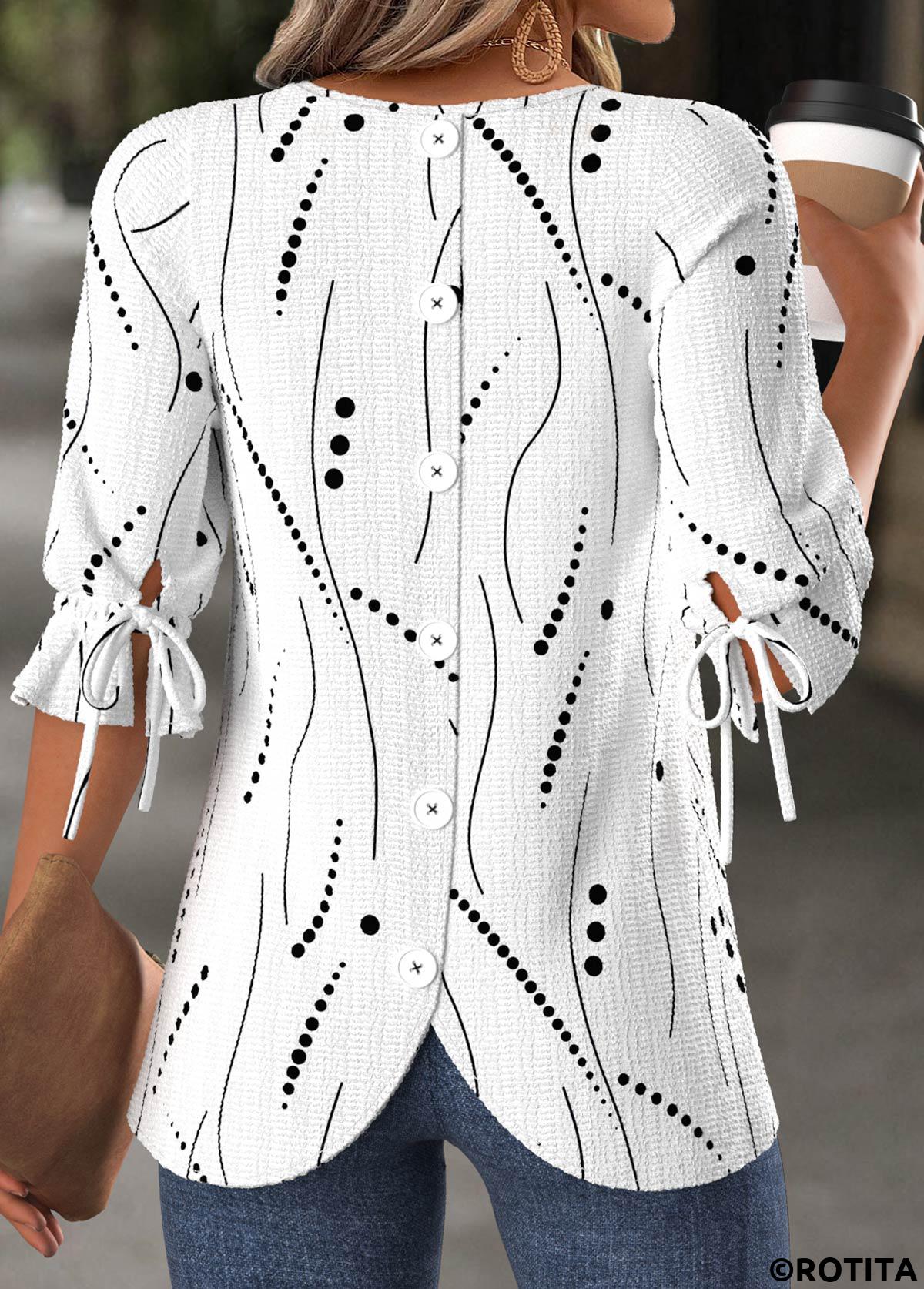 White plus size,Geometric plus size,Dot plus size,ROTITA Plus Size Button White Geometric Print T Shirt