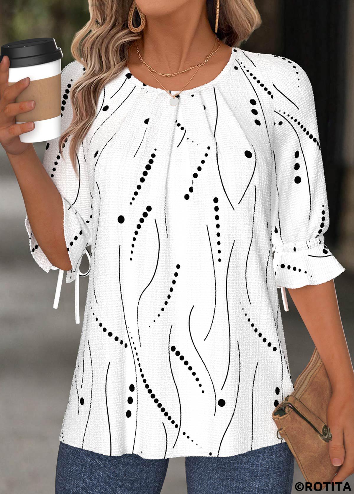 White plus size,Geometric plus size,Dot plus size,ROTITA Plus Size Button White Geometric Print T Shirt