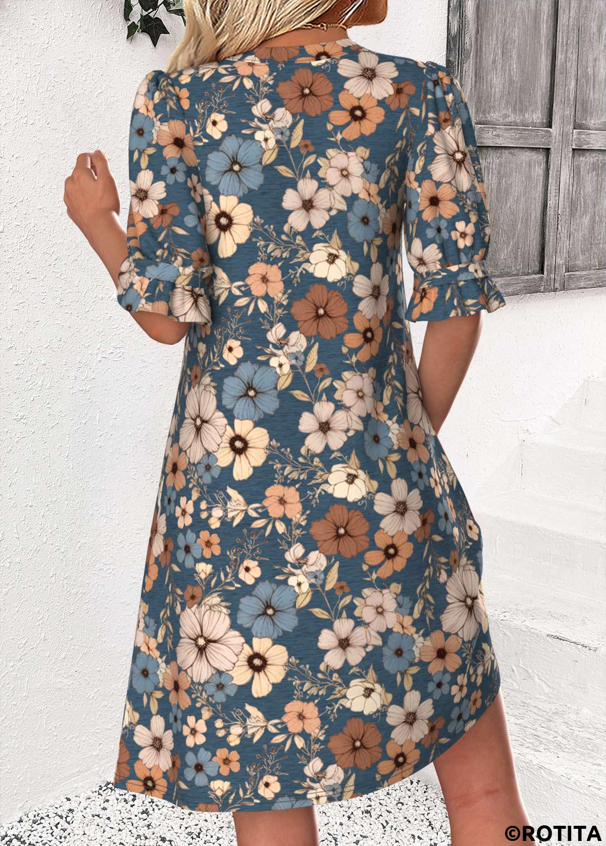 Multi Color dresses,Floral dresses,Plants dresses,Everyday dresses,Casual dresses,ROTITA Floral Print Multi Color Split Neck Half Sleeve Dress