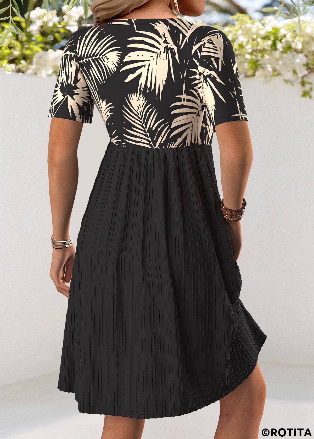 Black dresses,Plants dresses,Everyday dresses,Casual dresses,ROTITA Leaf Print Black Short V Neck Dress