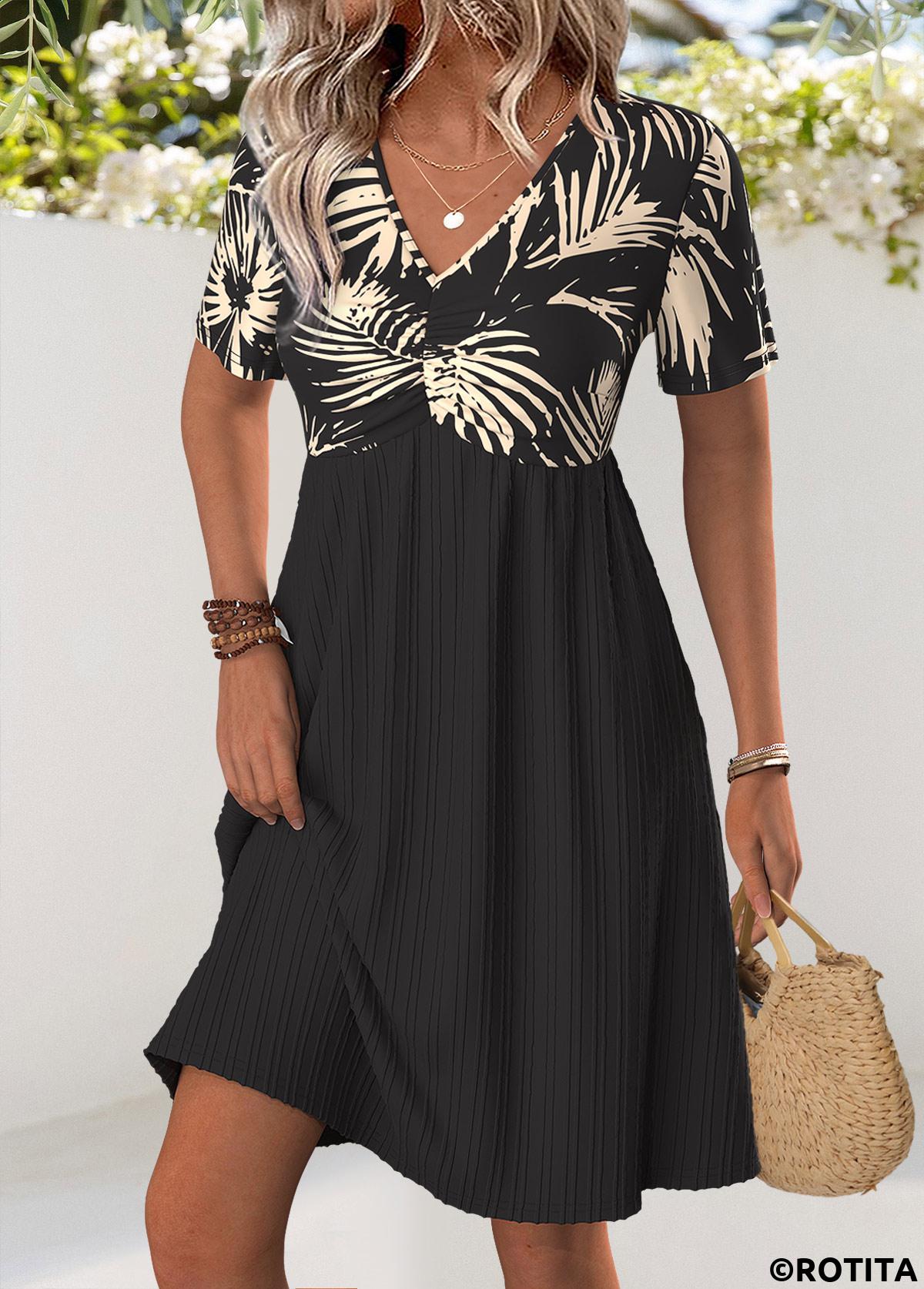 Black dresses,Plants dresses,Everyday dresses,Casual dresses,ROTITA Leaf Print Black Short V Neck Dress