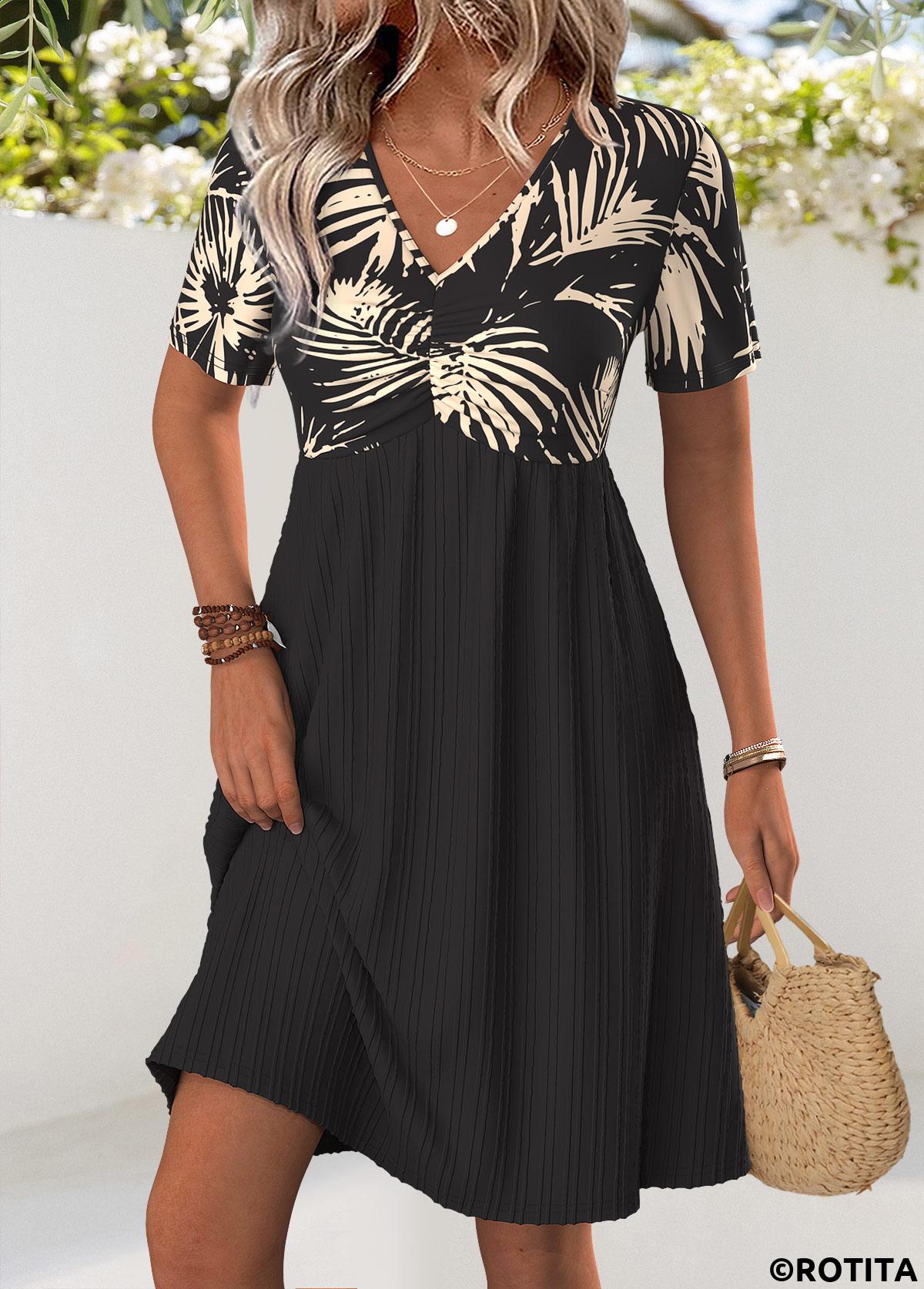 Black dresses,Plants dresses,Everyday dresses,Casual dresses,ROTITA Leaf Print Black Short V Neck Dress