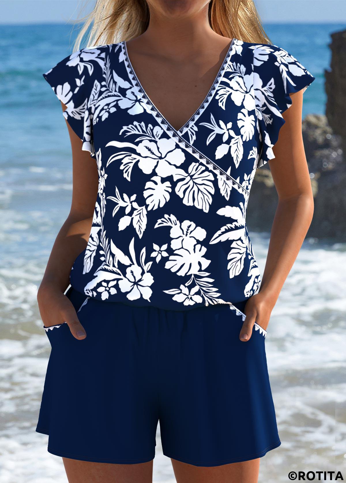 Navy swimwear,Floral swimwear,Plants swimwear,ROTITA Navy Floral Print One Piece Swimwear