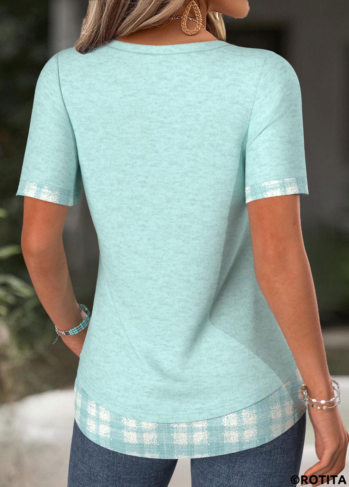 Cyan tops,Plaid tops,Geometric tops,ROTITA Plaid Cyan Split Neck Short Sleeve T Shirt