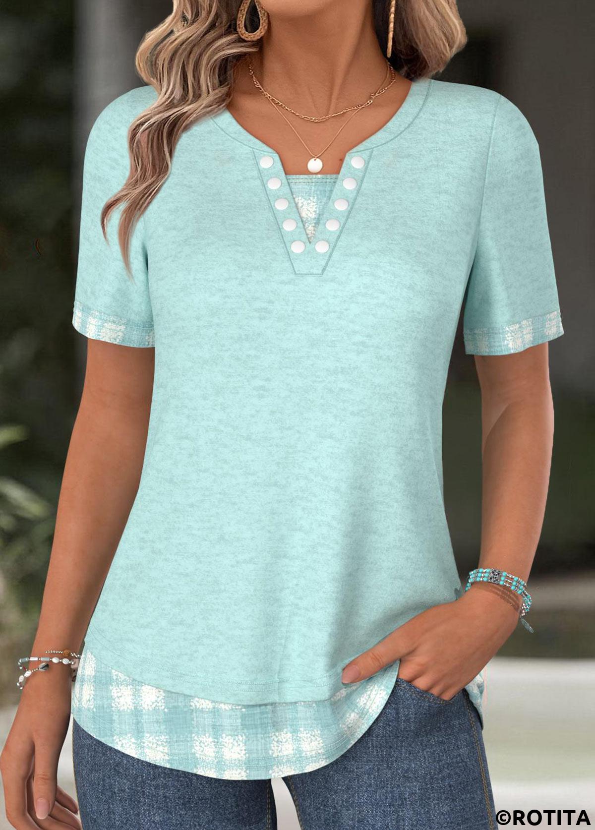Cyan tops,Plaid tops,Geometric tops,ROTITA Plaid Cyan Split Neck Short Sleeve T Shirt