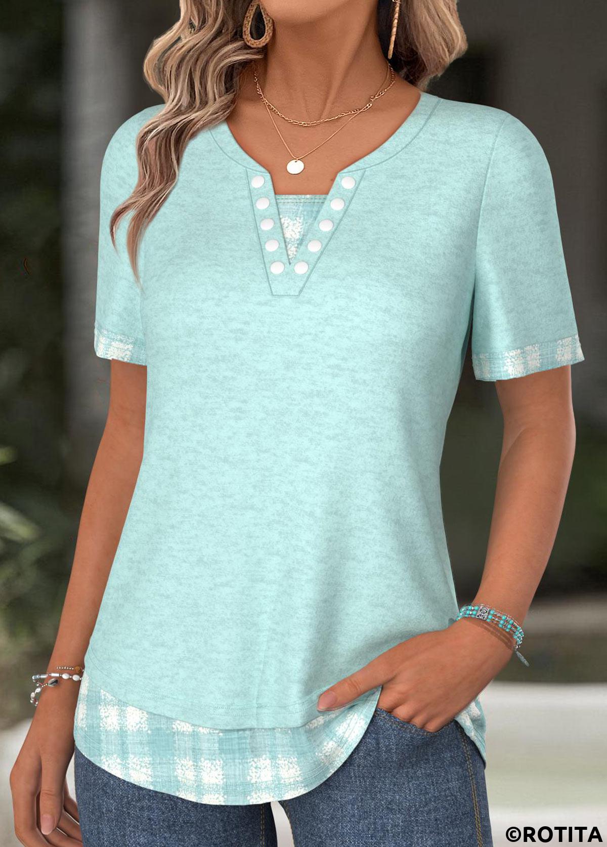 Cyan tops,Plaid tops,Geometric tops,ROTITA Plaid Cyan Split Neck Short Sleeve T Shirt