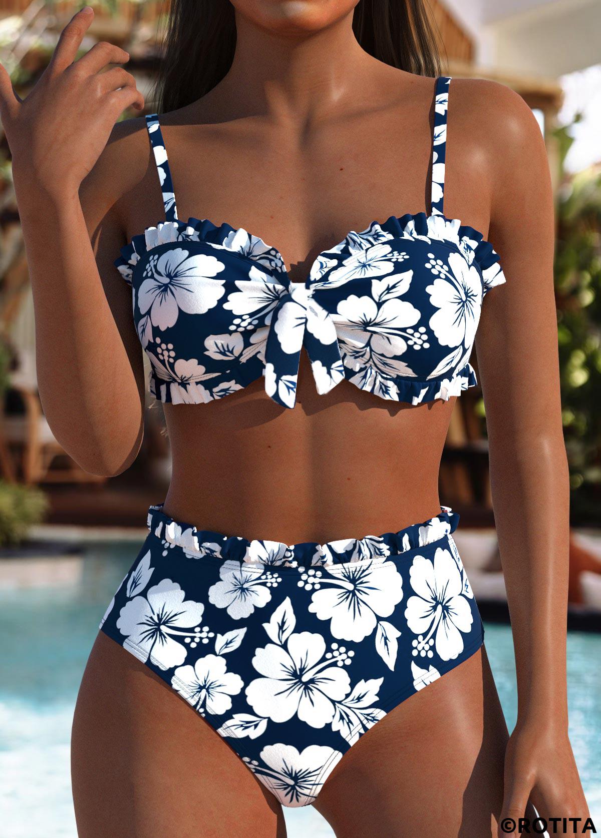 Blue swimwear,Floral swimwear,Plants swimwear,ROTITA Blue Floral Print Mid Waisted Bikini Set
