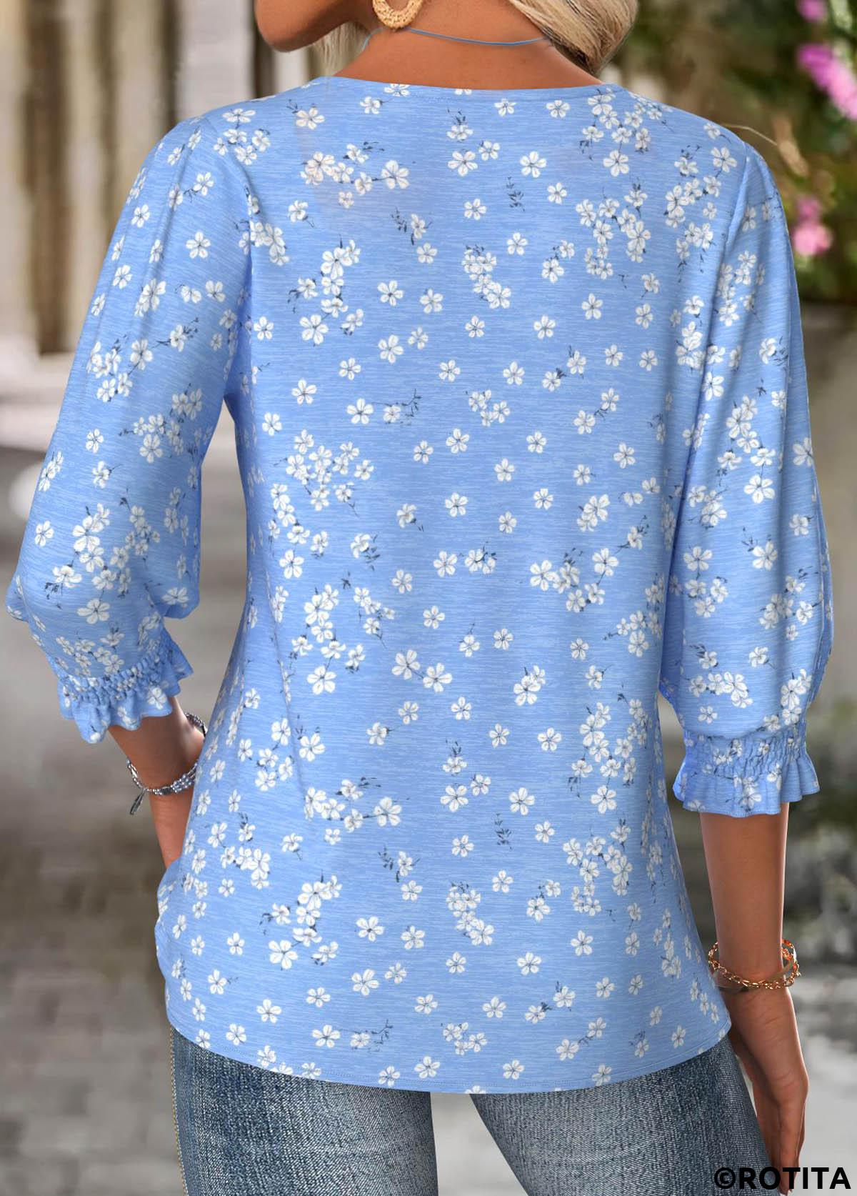 Blue tops,Ditsy Floral tops,ROTITA Ditsy Floral Print Blue Round Neck 3/4 Sleeve Blouse