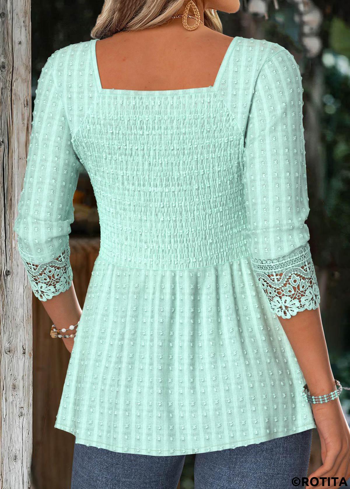 Mint Green tops,Plain Color tops,ROTITA Mint Green Square Neck Long Sleeve Blouse