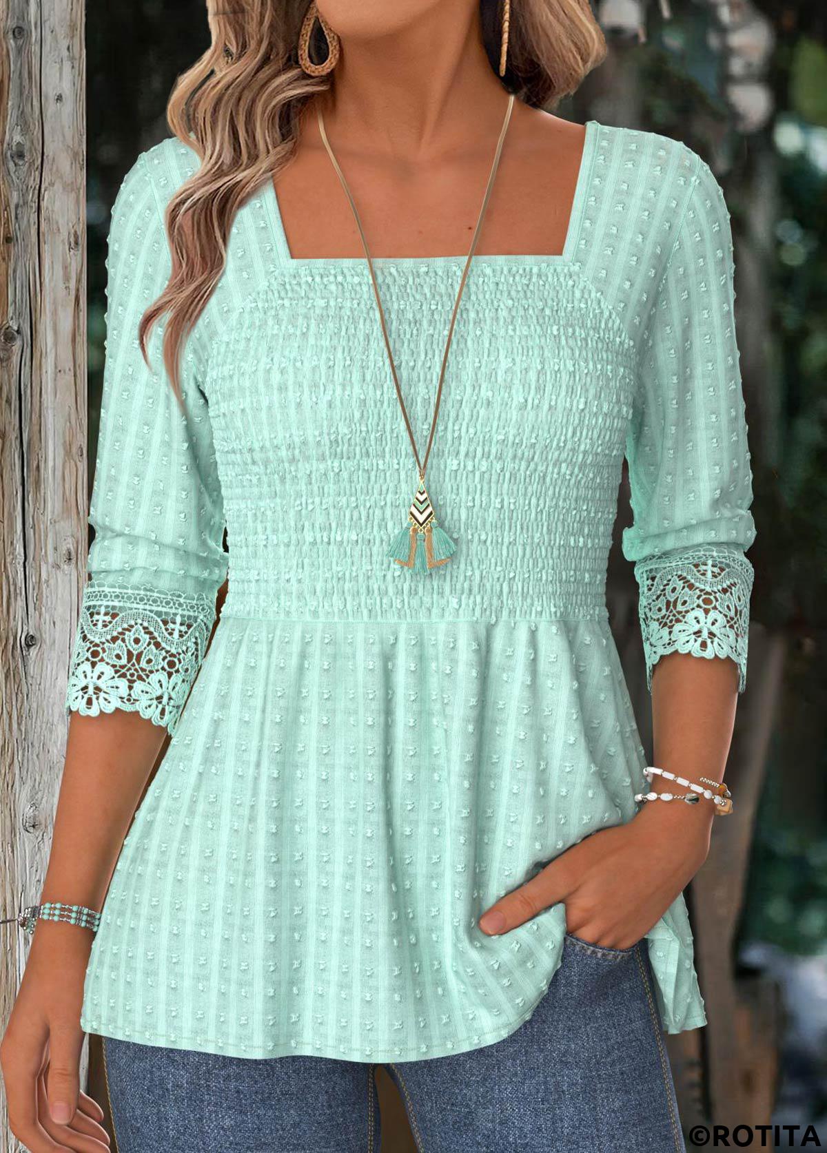 Mint Green tops,Plain Color tops,ROTITA Mint Green Square Neck Long Sleeve Blouse