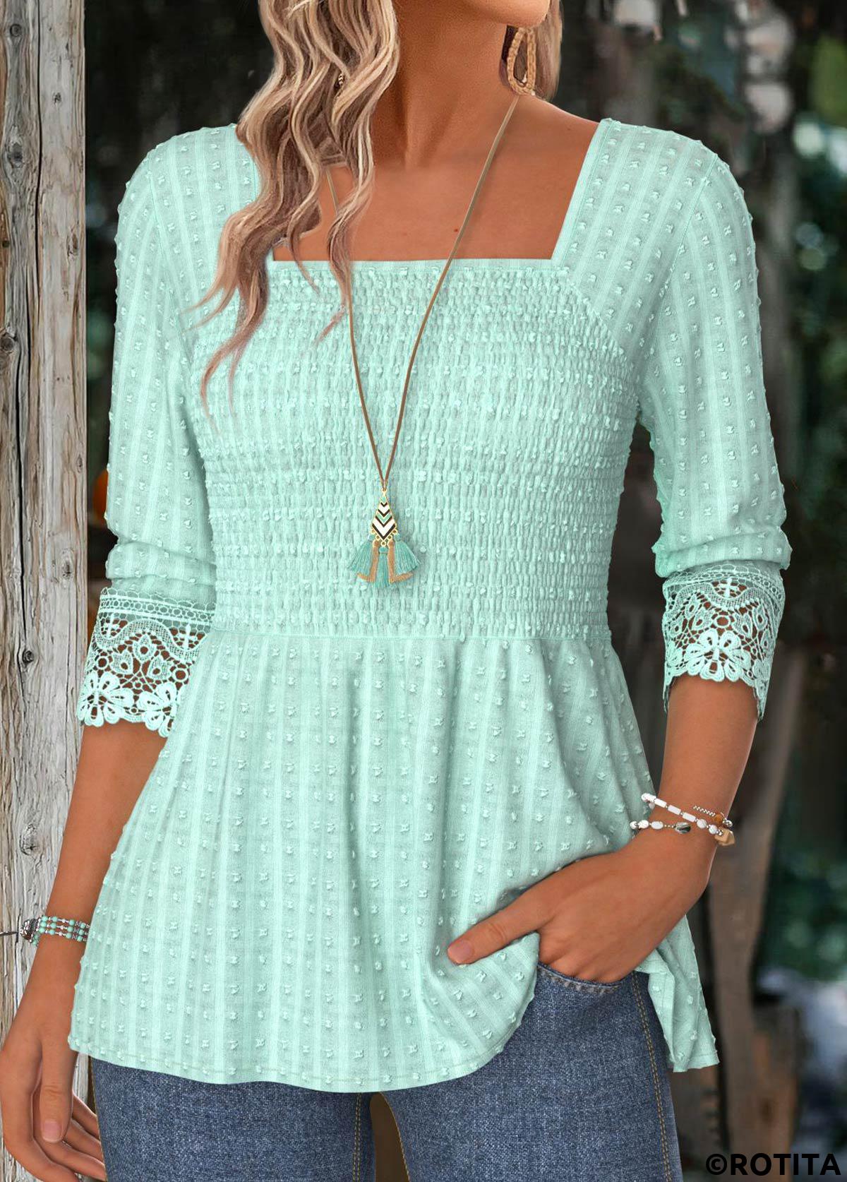 Mint Green tops,Plain Color tops,ROTITA Mint Green Square Neck Long Sleeve Blouse