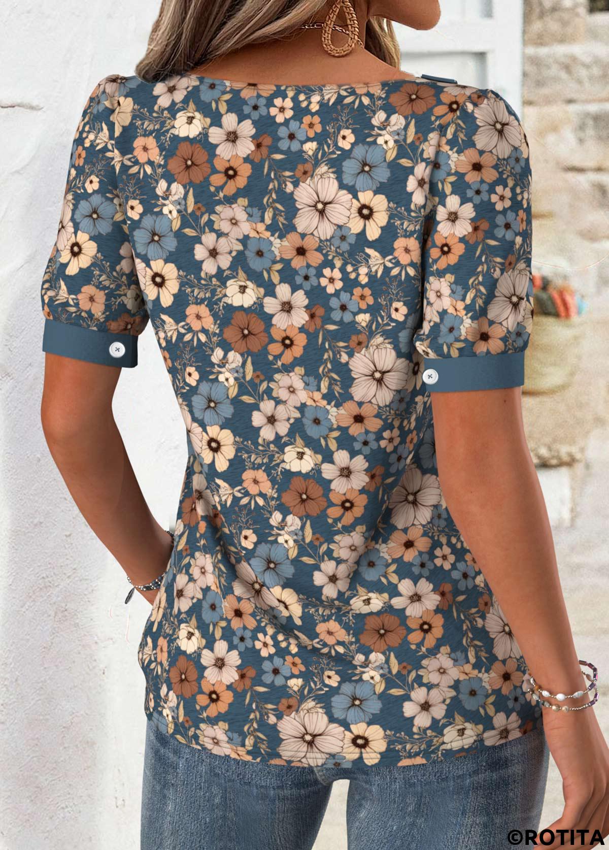 Multi Color tops,Floral tops,Plants tops,ROTITA Floral Print Multi Color Asymmetrical Neck T Shirt